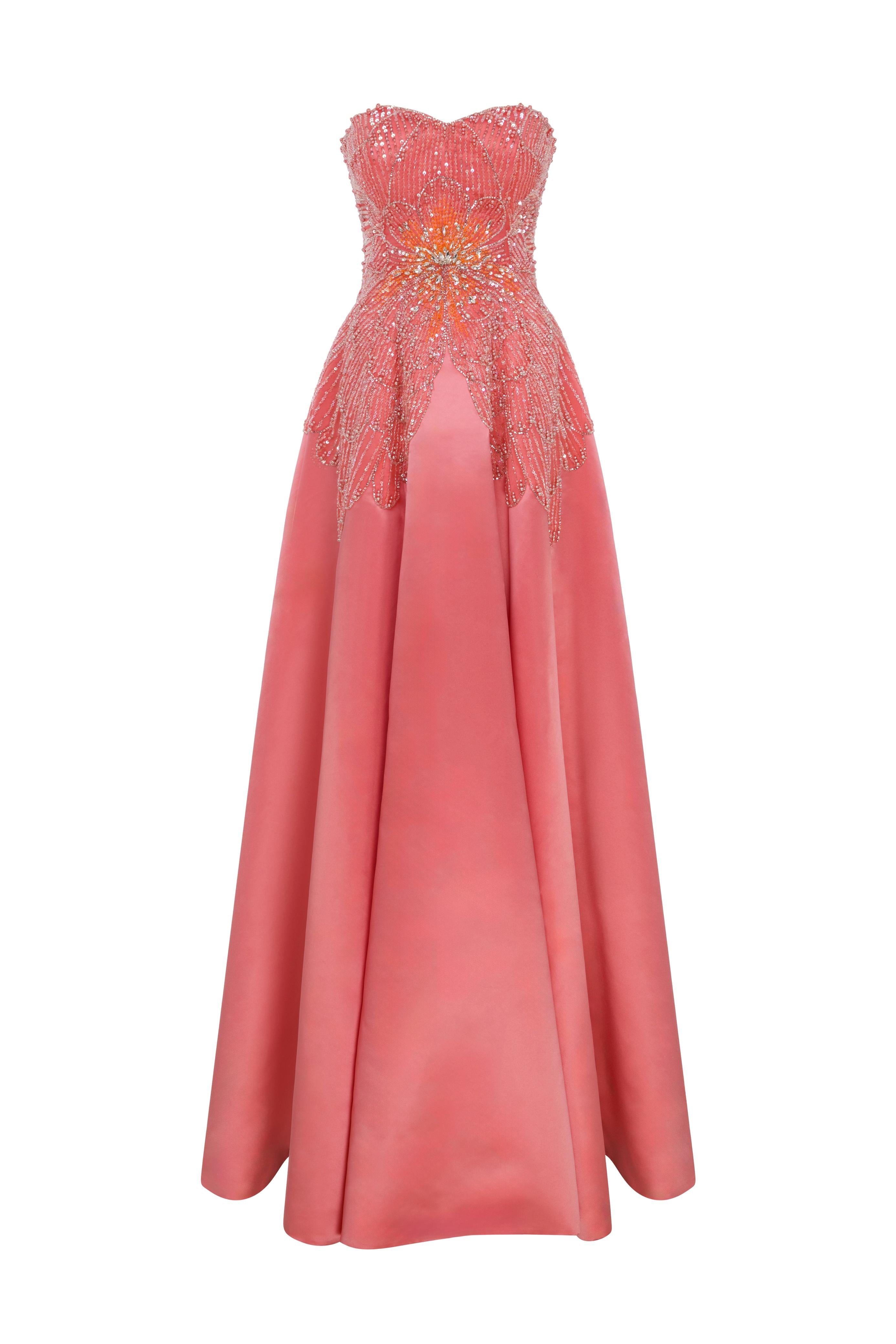 Li Beirut M1167 – Strapless Embellished Ball Gown in Coral & Navy