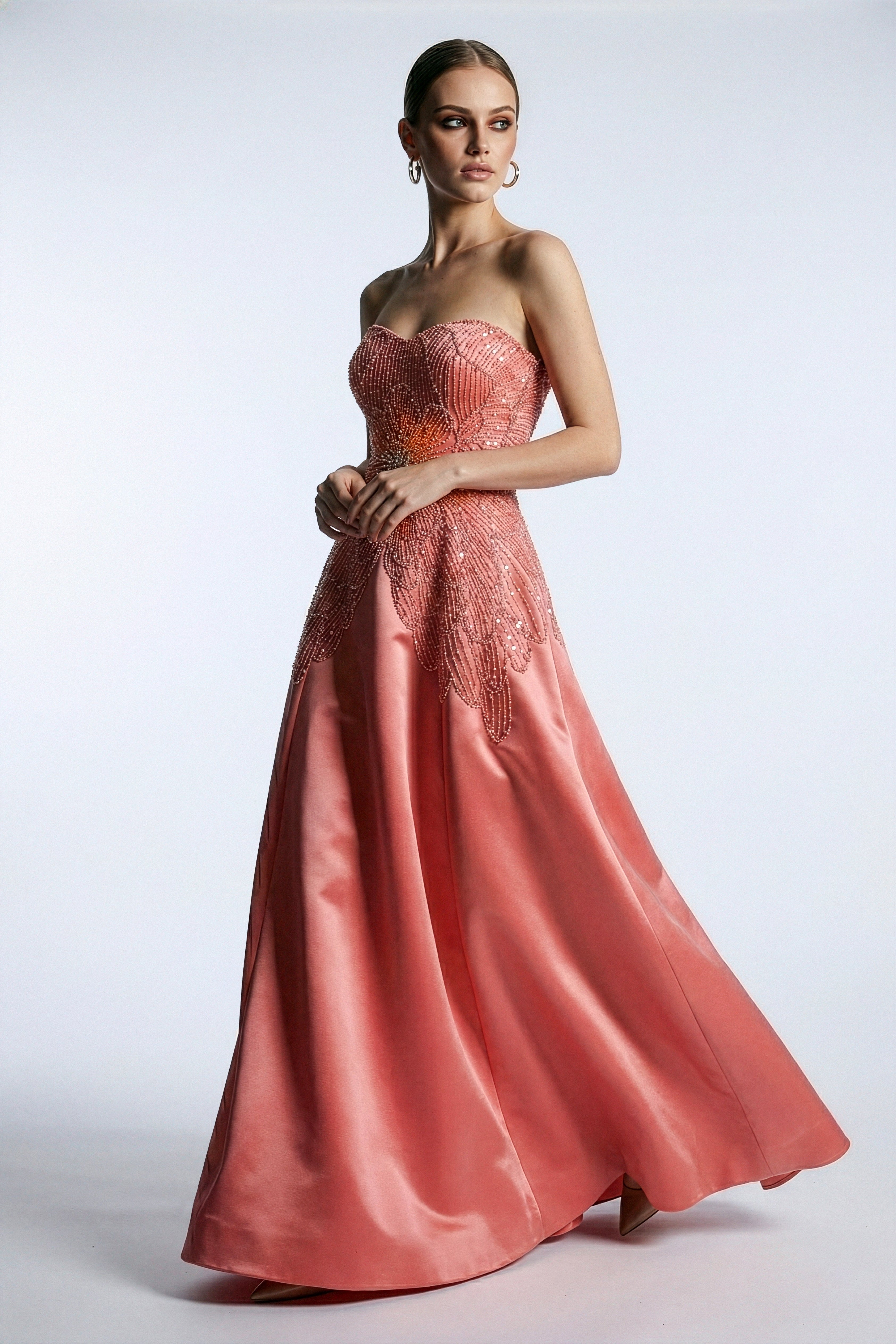 Li Beirut M1167 – Strapless Embellished Ball Gown in Coral & Navy