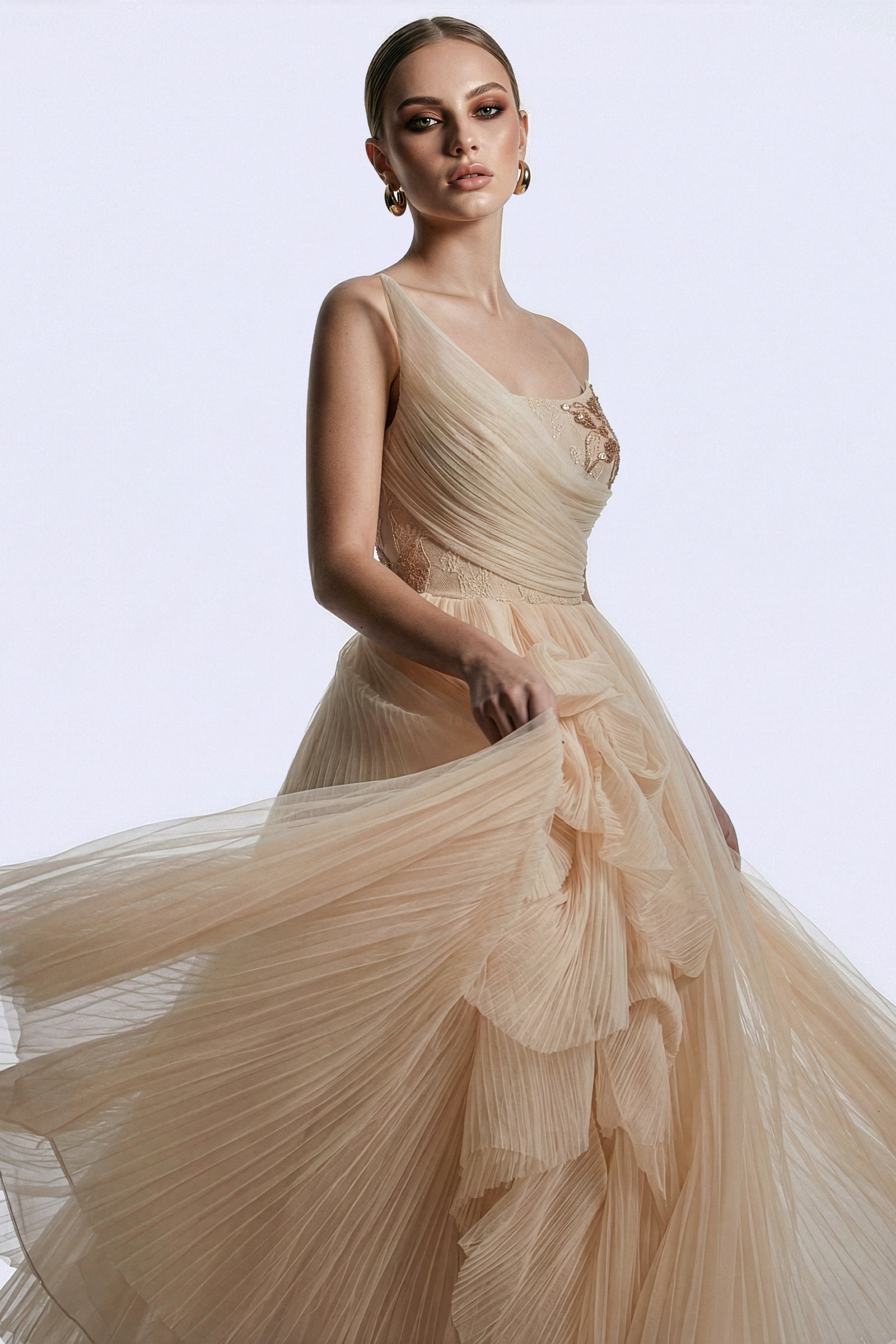 Li Beirut M1168 – One-Shoulder Pleated Tulle Couture Gown in Champagne & Black