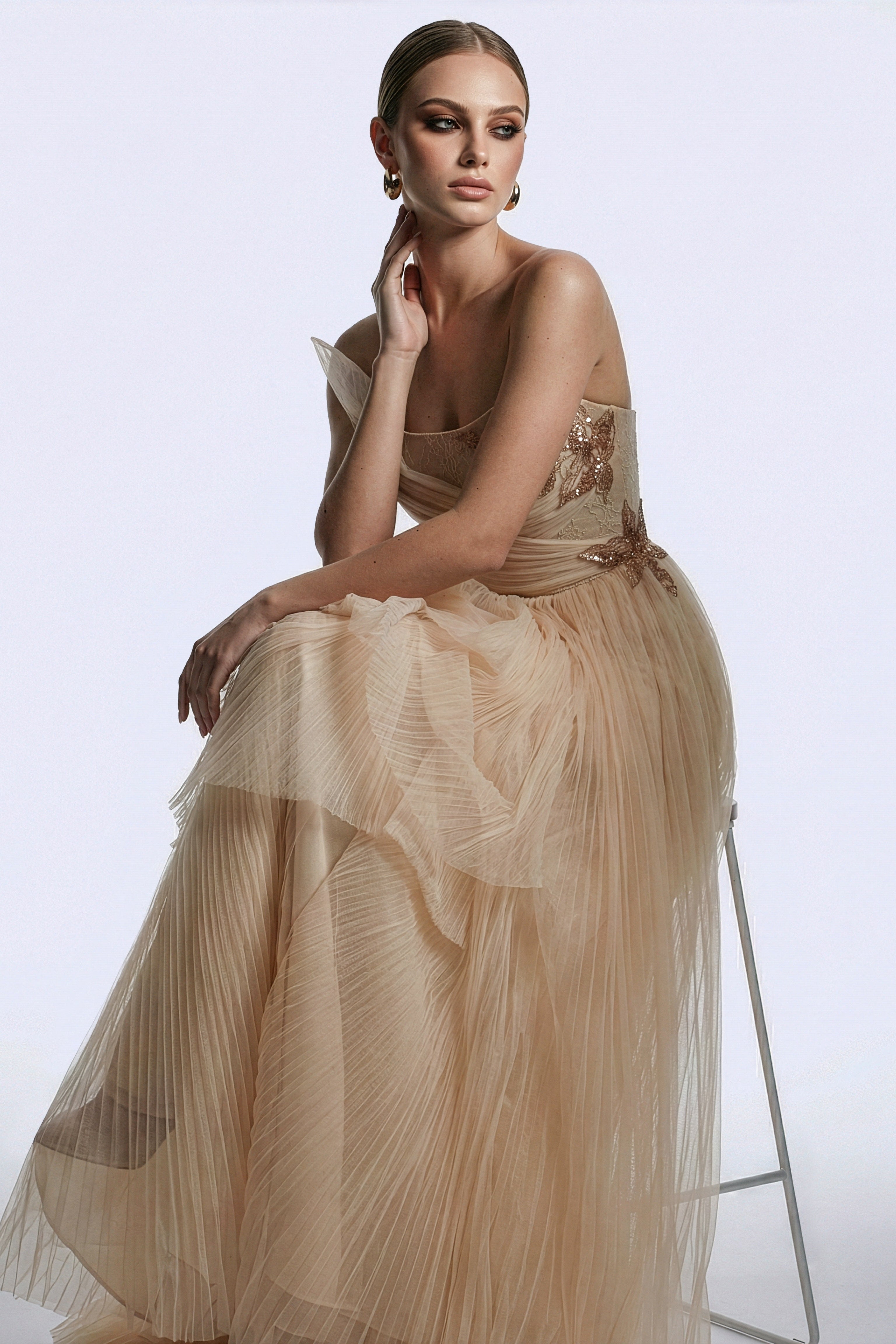 Li Beirut M1168 – One-Shoulder Pleated Tulle Couture Gown in Champagne & Black