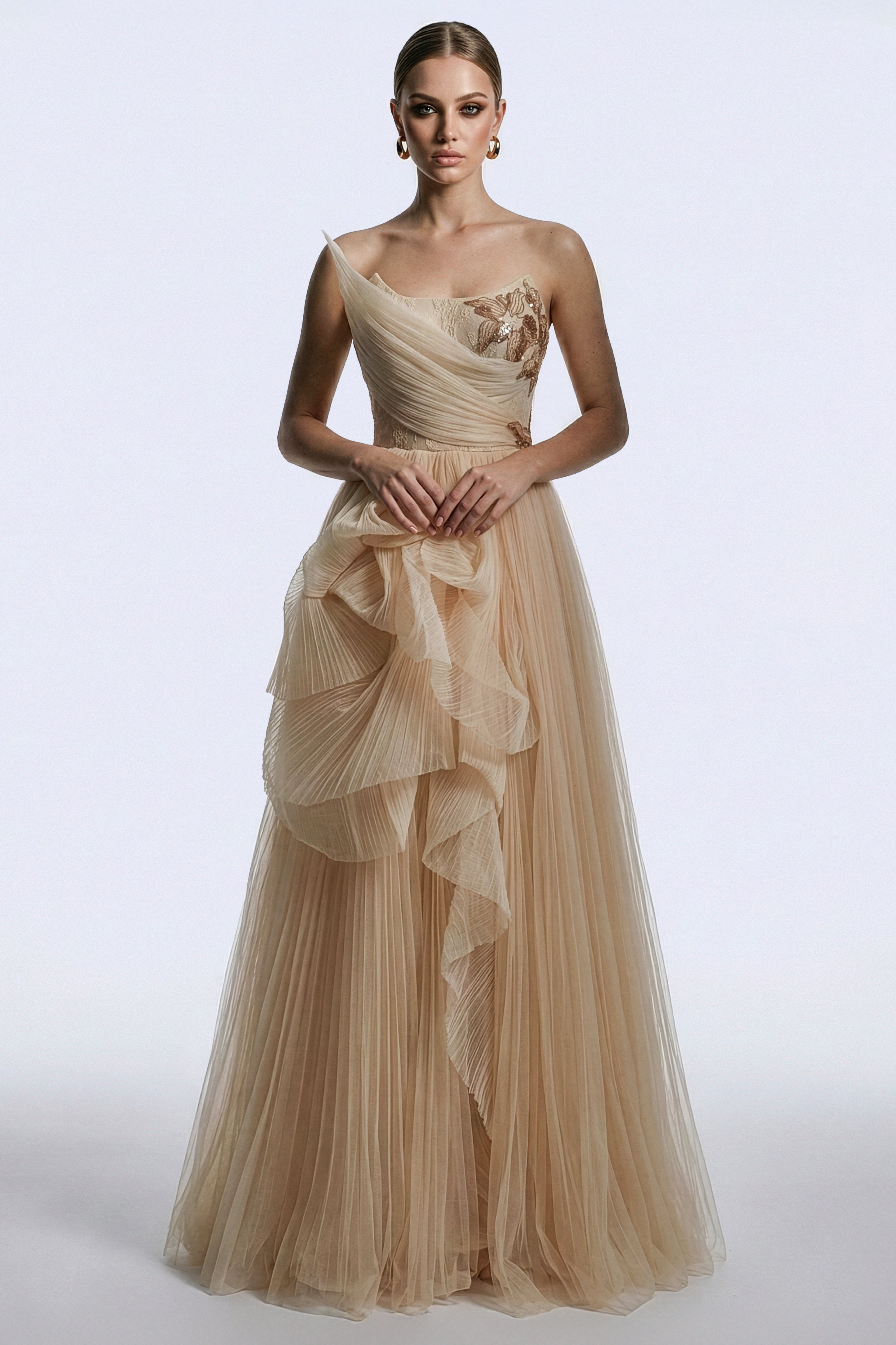 Li Beirut M1168 – One-Shoulder Pleated Tulle Couture Gown in Champagne & Black