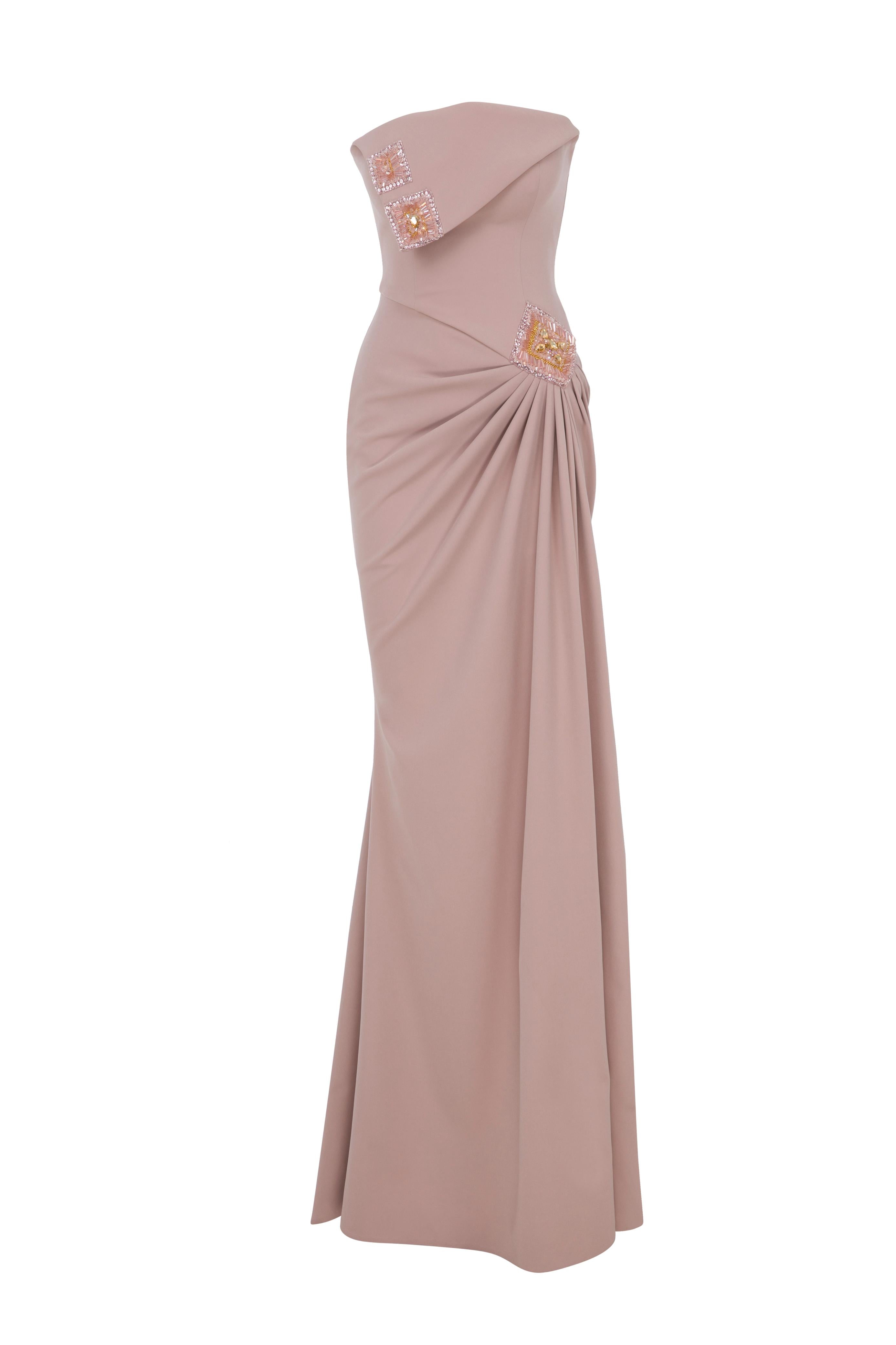 Li Beirut M1171 – Asymmetrical Draped Column Evening Gown in Dusty Rose & Caramel