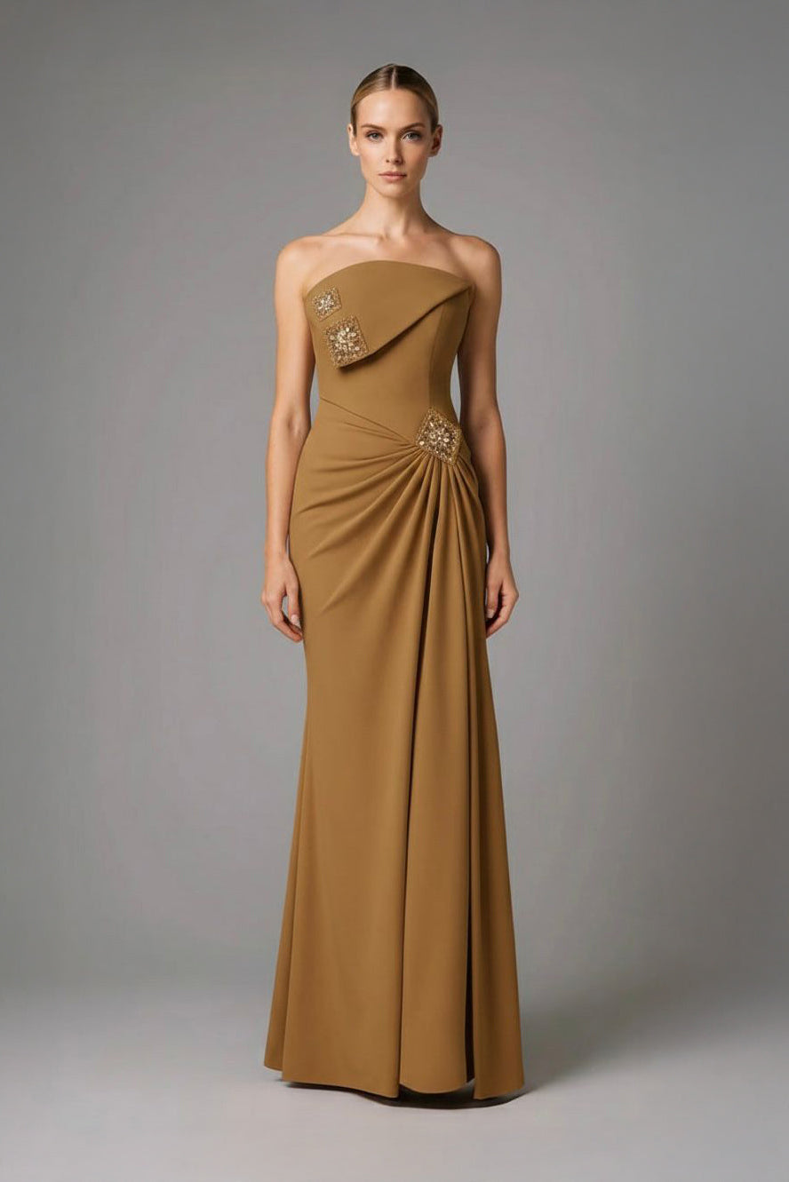 Li Beirut M1171 – Asymmetrical Draped Column Evening Gown in Dusty Rose & Caramel