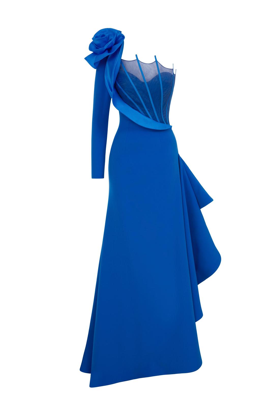 Li Beirut M1179 – One-Shoulder Electric Blue Couture Rose Evening Gown