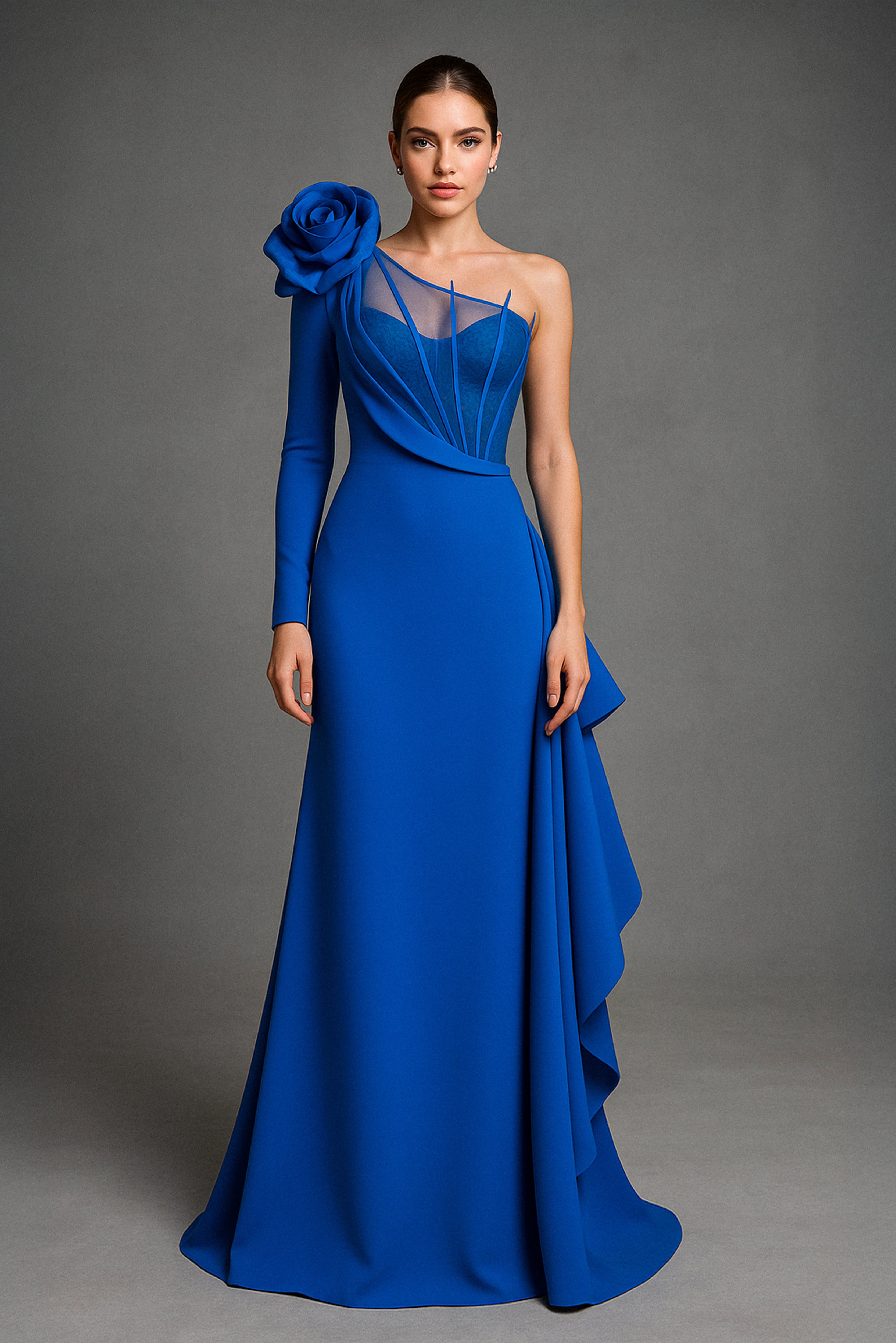 Li Beirut M1179 – One-Shoulder Electric Blue Couture Rose Evening Gown
