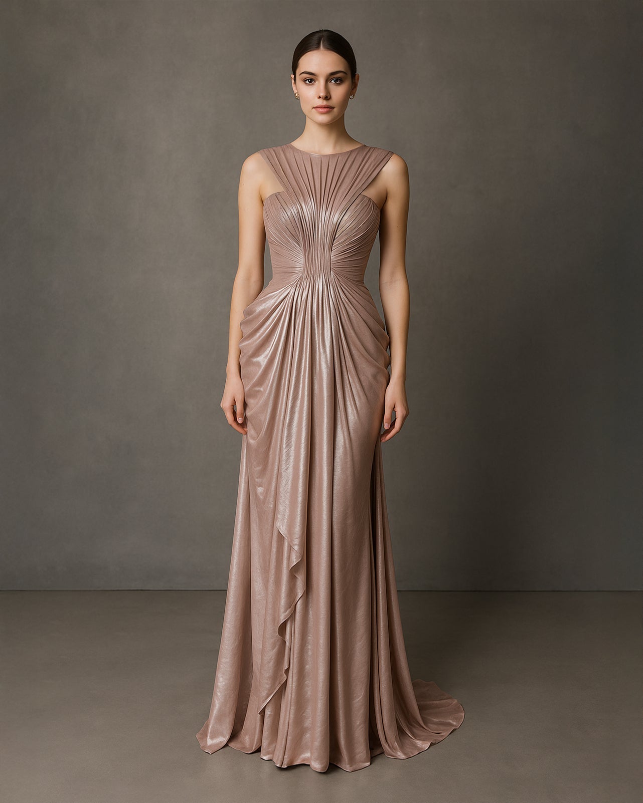Li Beirut M1184 – Rose Gold Metallic Sculpted Pleated Evening Gown