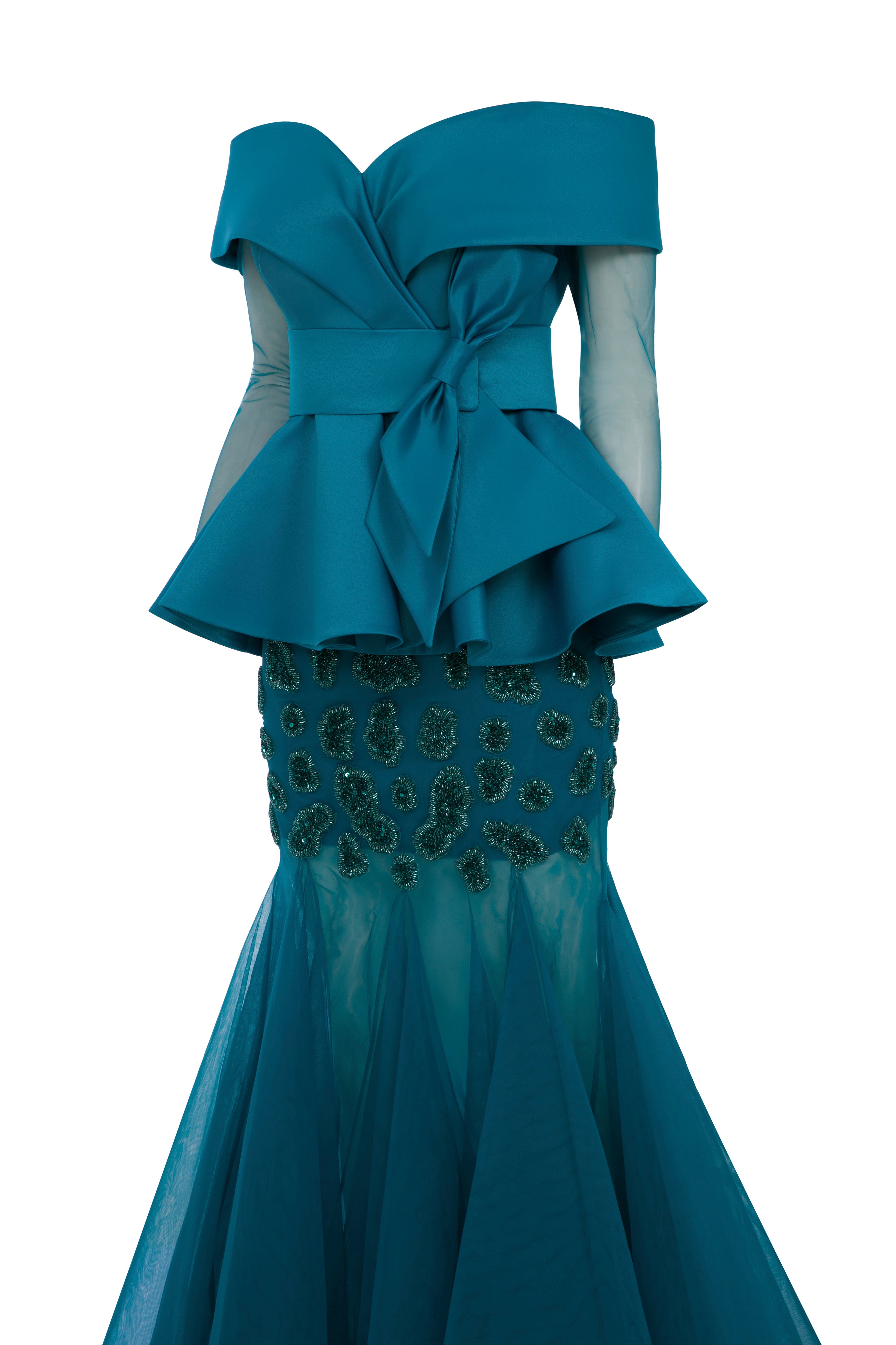 Li Beirut M1185 – Off-Shoulder Lace Column Evening Gown with Long Sleeves