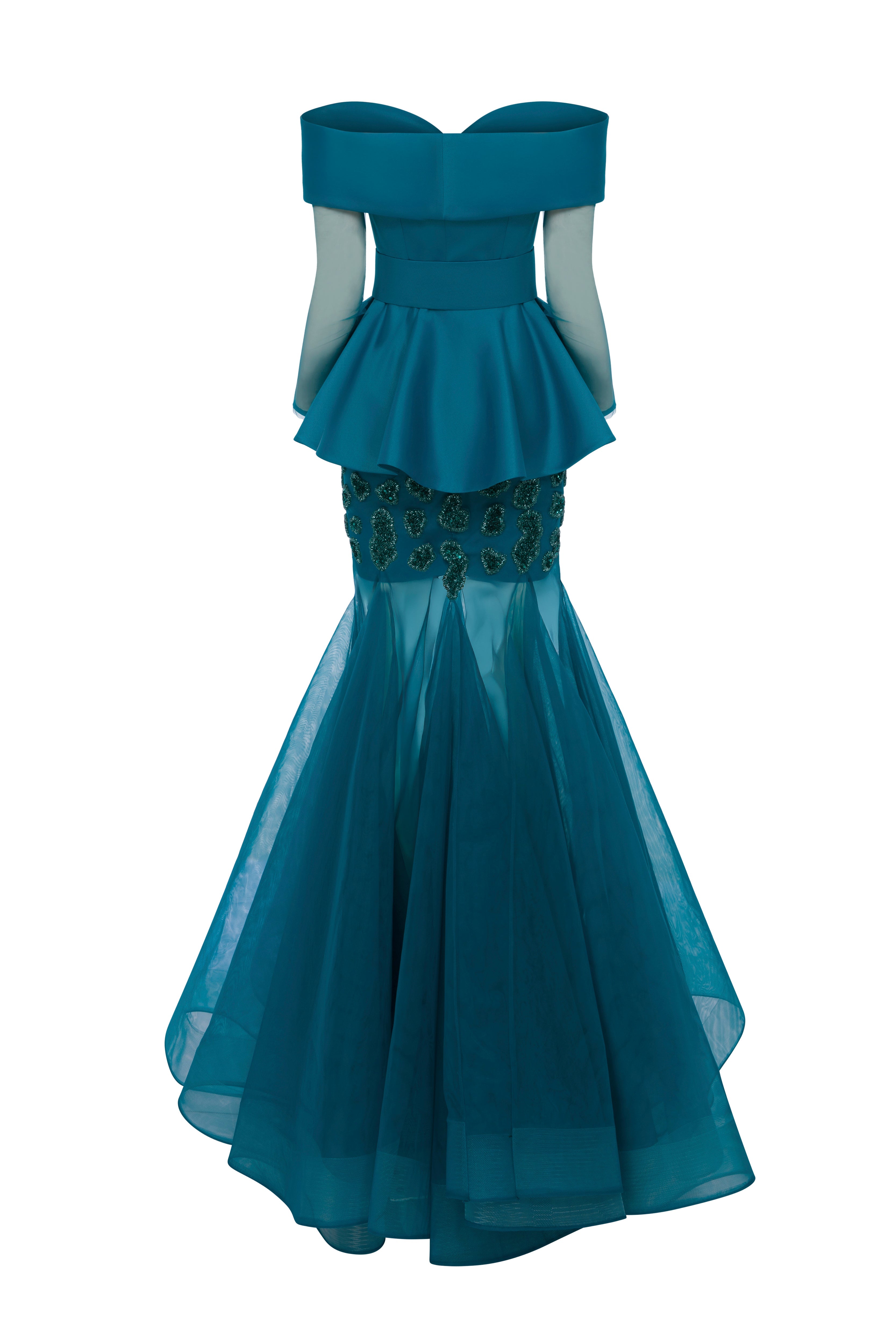 Li Beirut M1185 – Off-Shoulder Lace Column Evening Gown with Long Sleeves