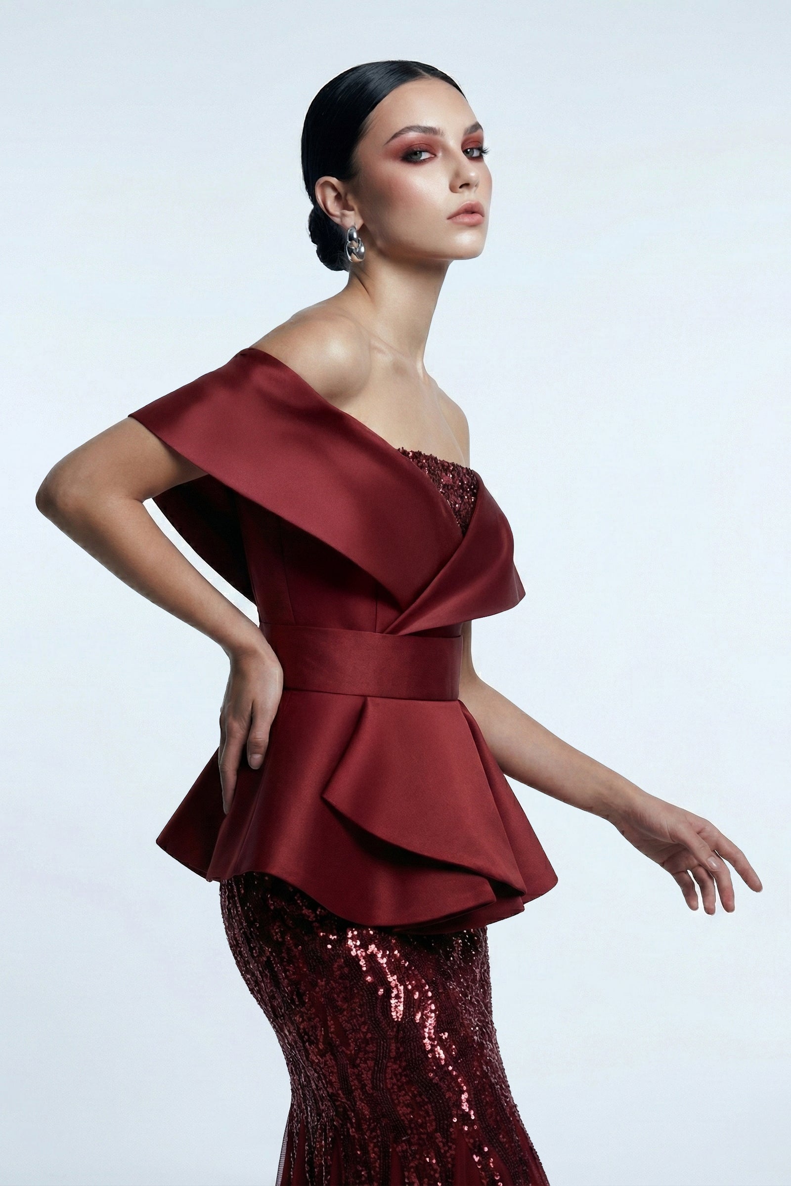 Li Beirut M1185A – Off-Shoulder Peplum Burgundy Mermaid Evening Gown