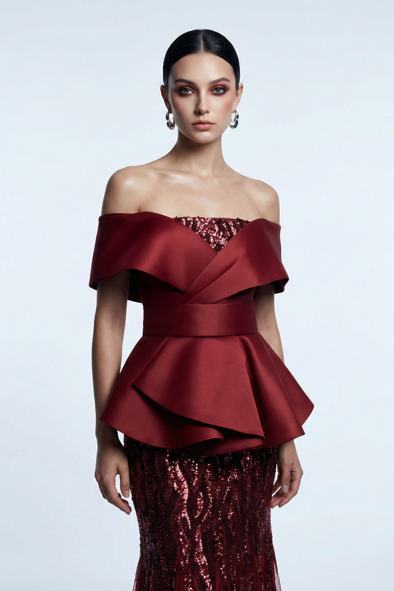 Li Beirut M1185A – Off-Shoulder Peplum Burgundy Mermaid Evening Gown