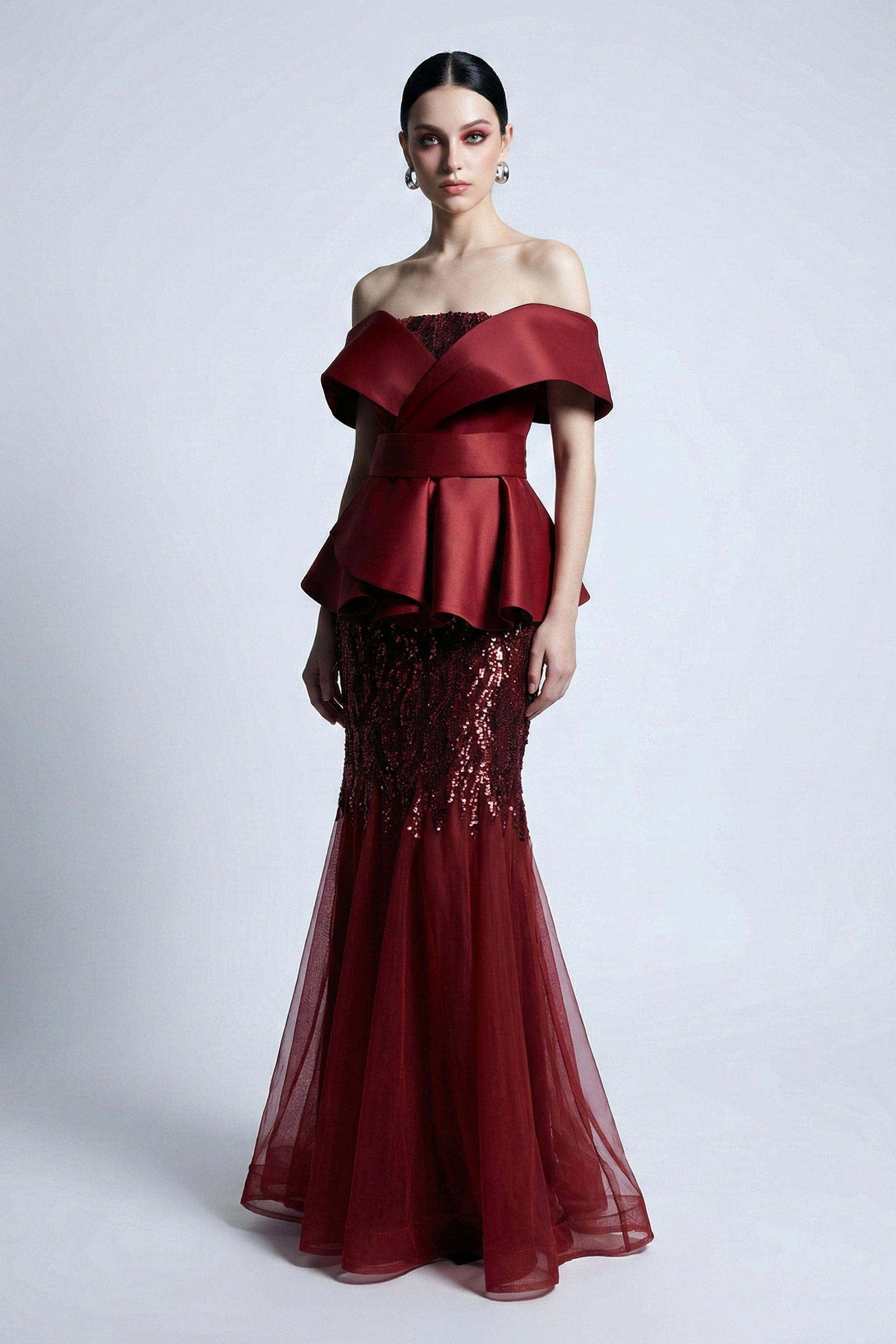 Li Beirut M1185A – Off-Shoulder Peplum Burgundy Mermaid Evening Gown