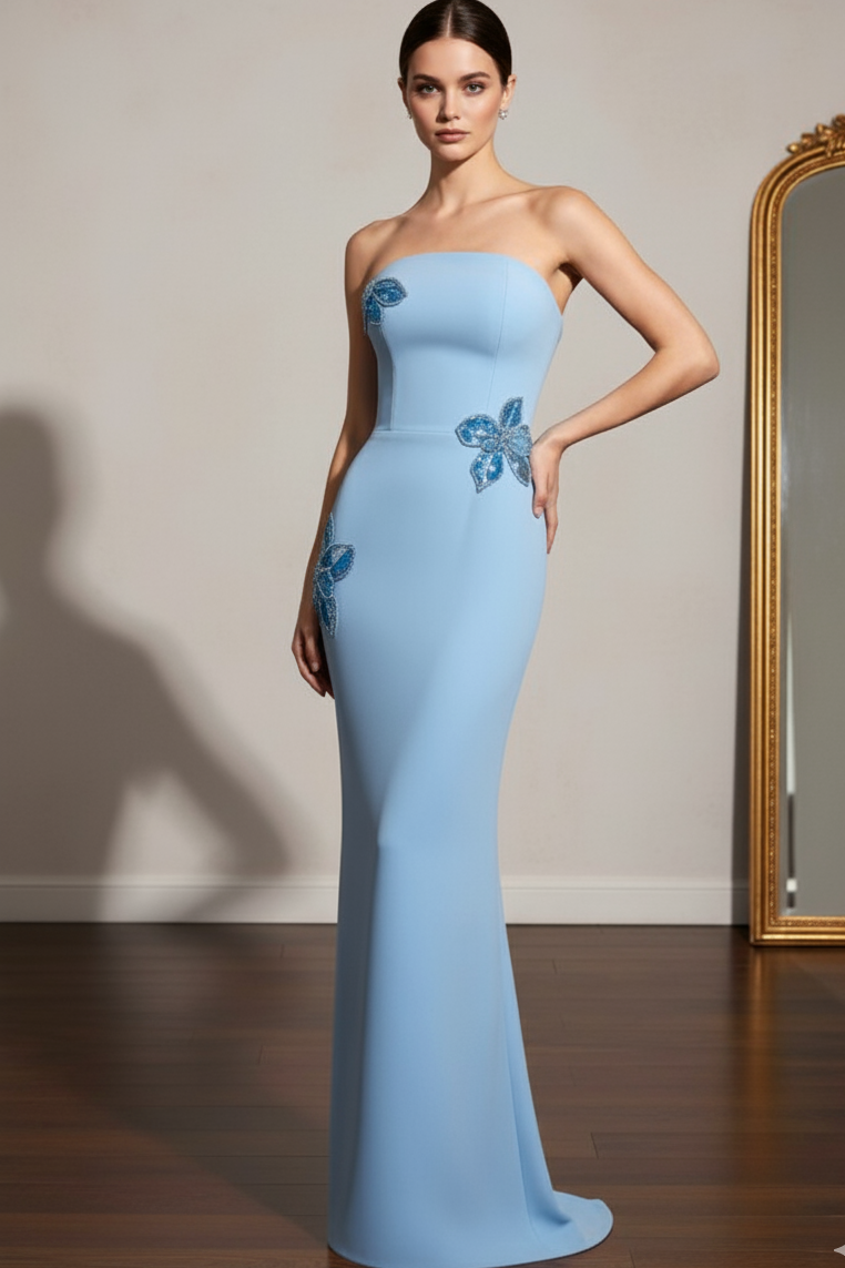 Li Beirut M1190 – Strapless Light Blue Crepe Evening Gown with Floral Beading