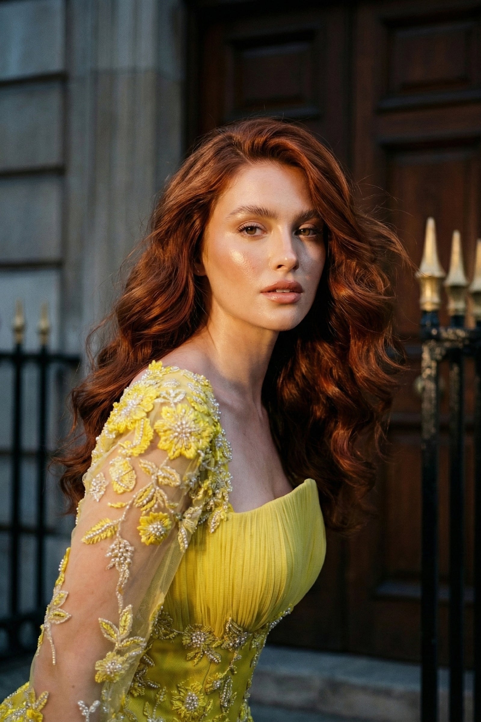 Li Beirut M1191 – Embroidered Long Sleeve Evening Dress in Nude & Yellow