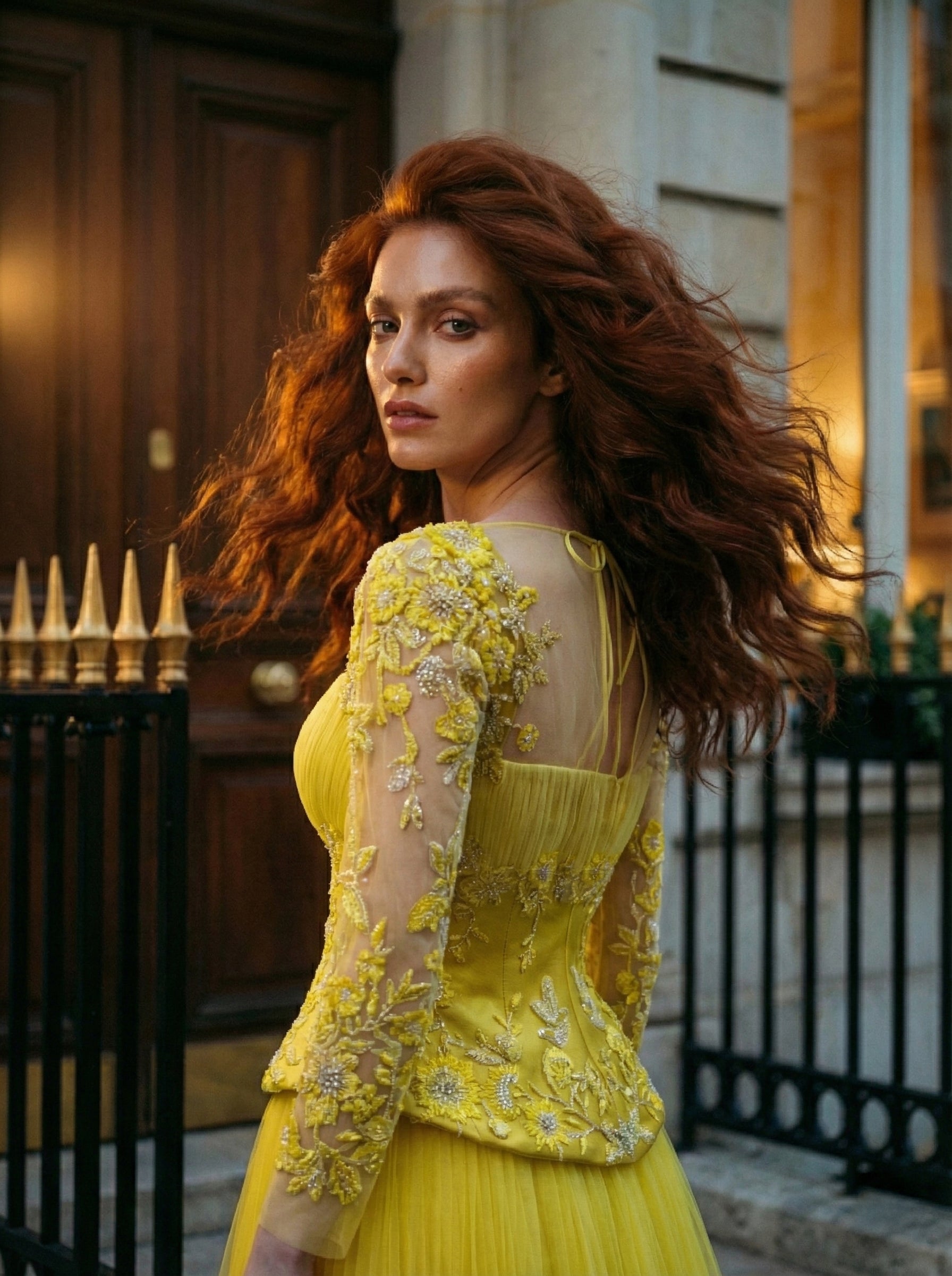 Li Beirut M1191 – Embroidered Long Sleeve Evening Dress in Nude & Yellow