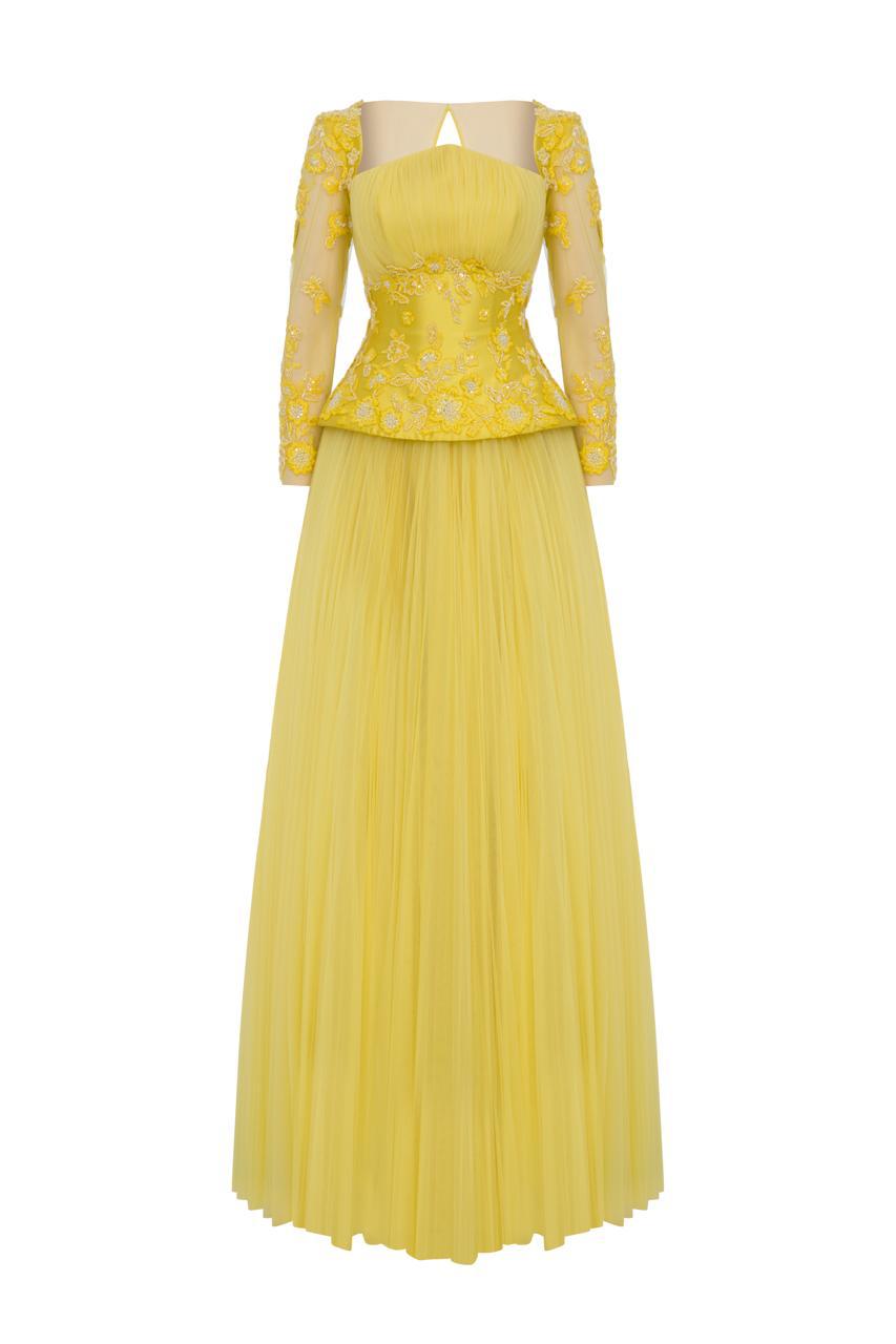 Li Beirut M1191 – Embroidered Long Sleeve Evening Dress in Nude & Yellow