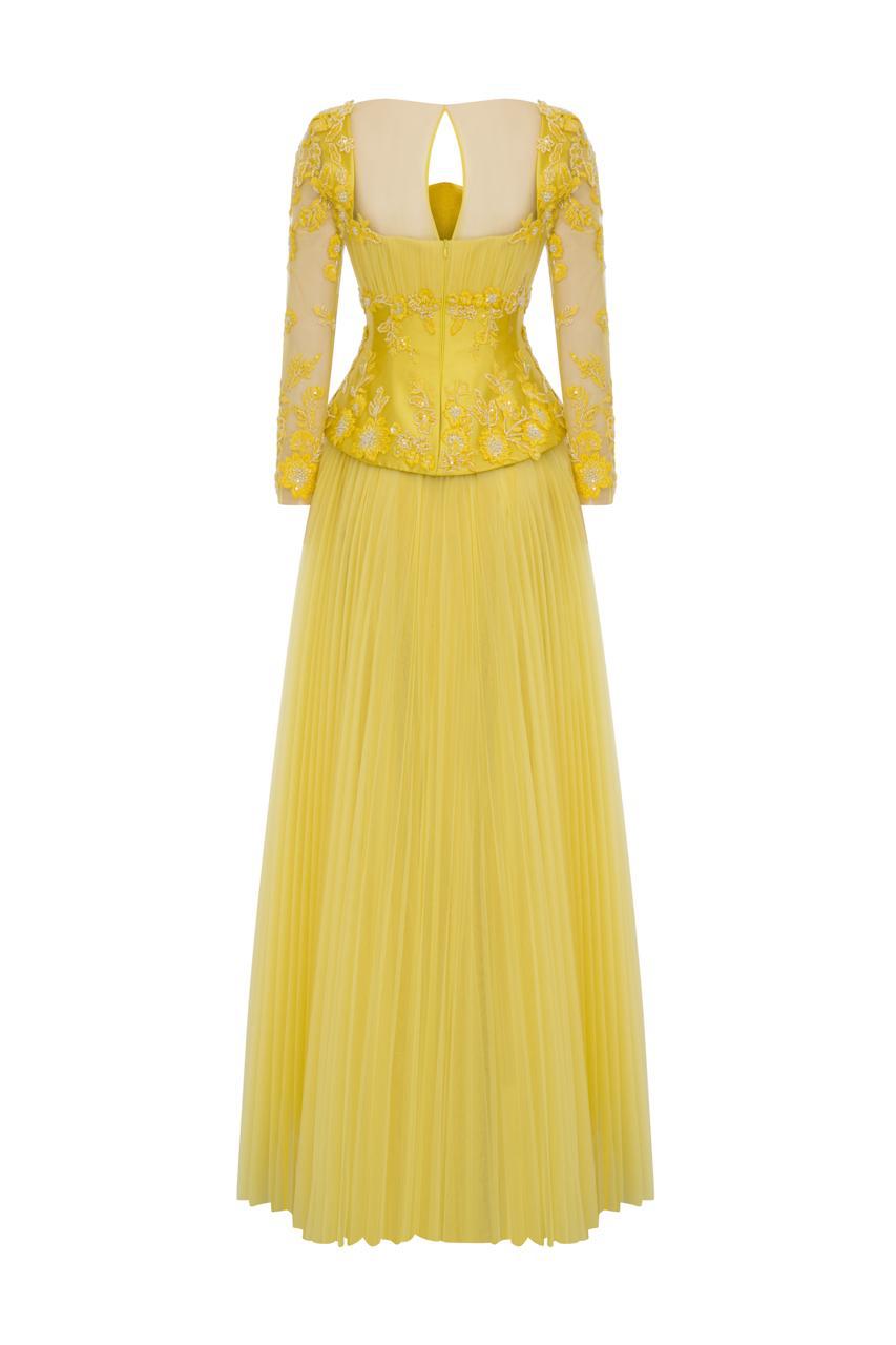 Li Beirut M1191 – Embroidered Long Sleeve Evening Dress in Nude & Yellow
