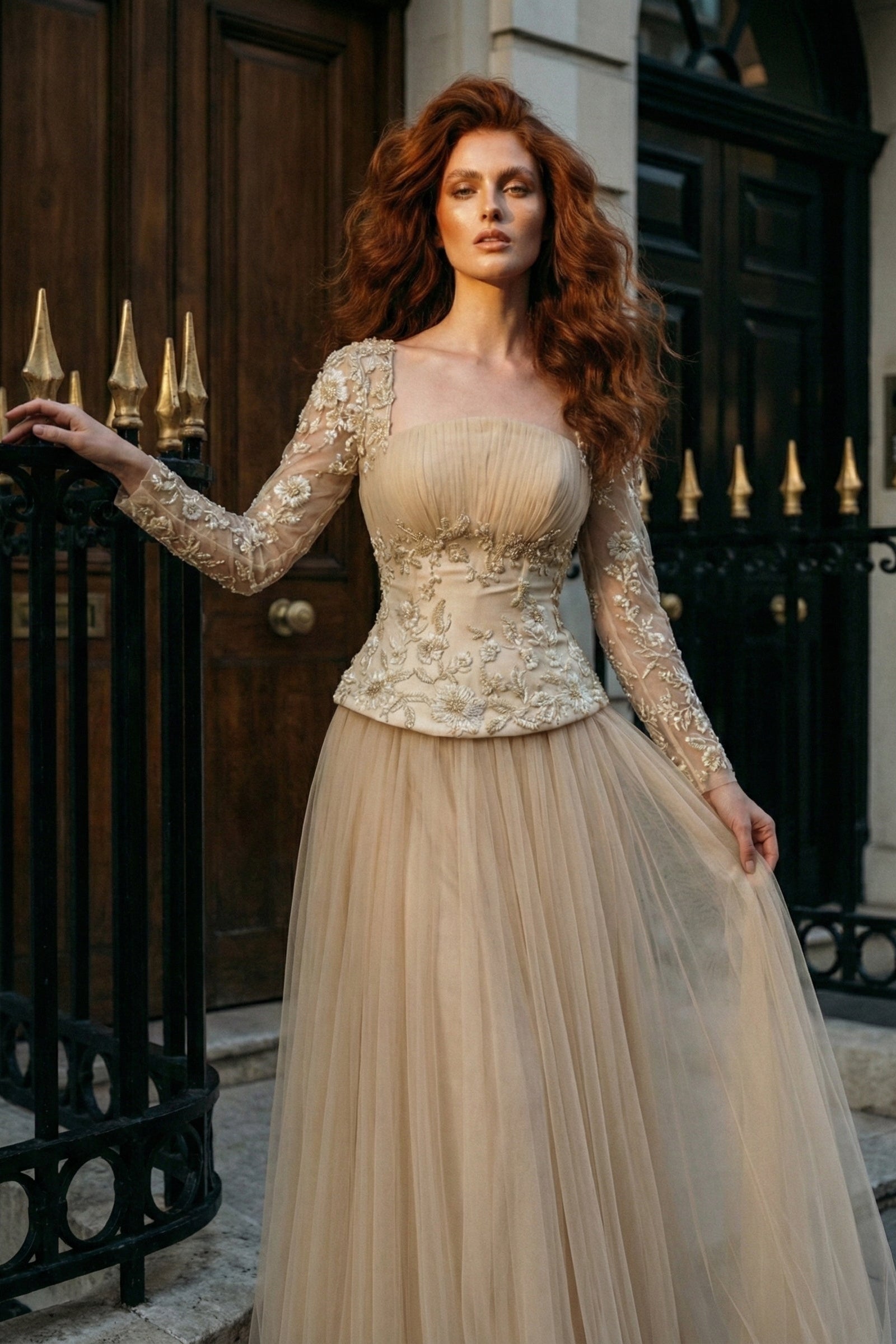 Li Beirut M1191 – Embroidered Long Sleeve Evening Dress in Nude & Yellow