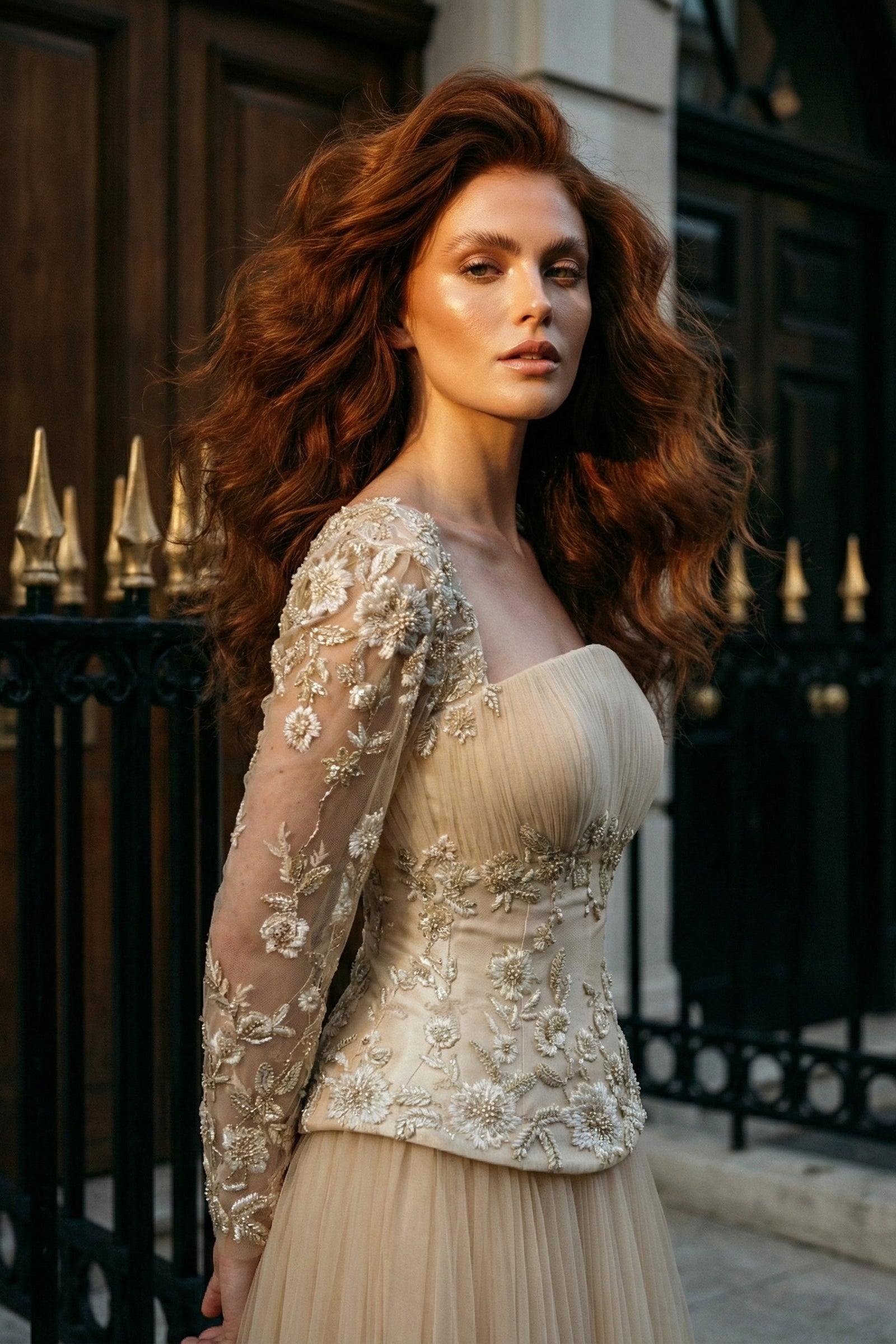 Li Beirut M1191 – Embroidered Long Sleeve Evening Dress in Nude & Yellow