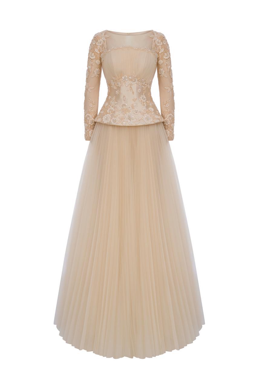 Li Beirut M1191 – Embroidered Long Sleeve Evening Dress in Nude & Yellow
