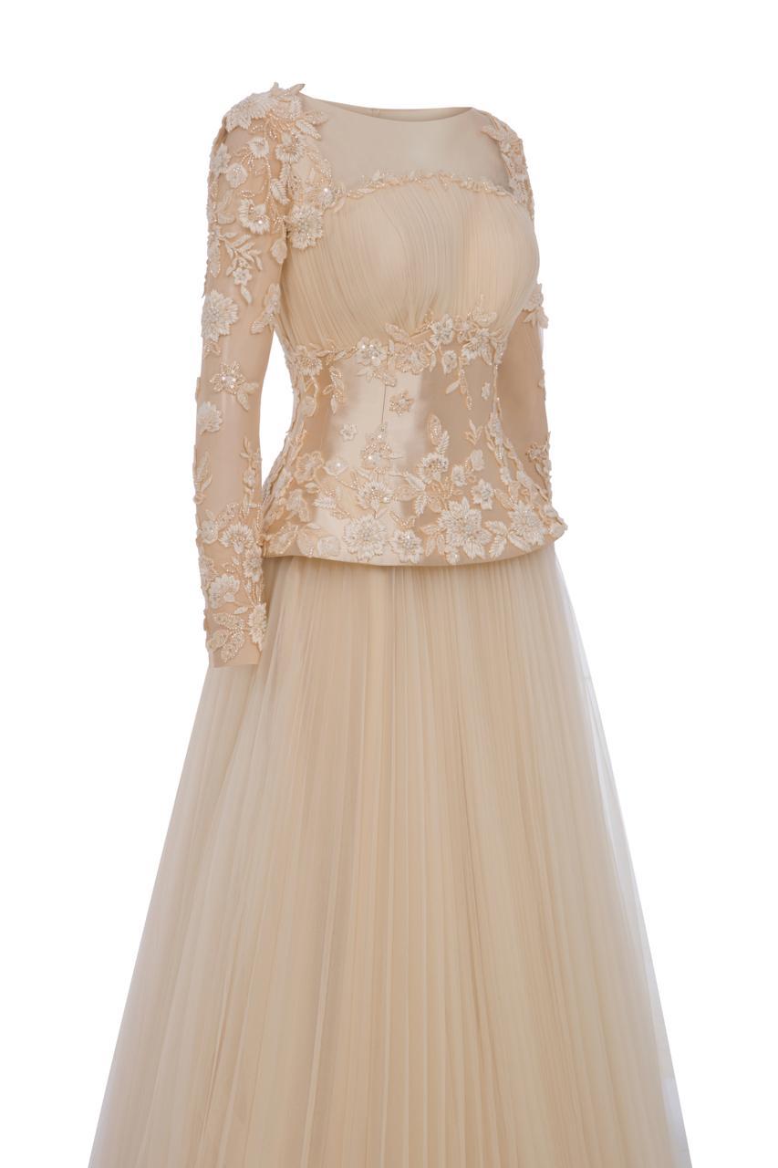 Li Beirut M1191 – Embroidered Long Sleeve Evening Dress in Nude & Yellow