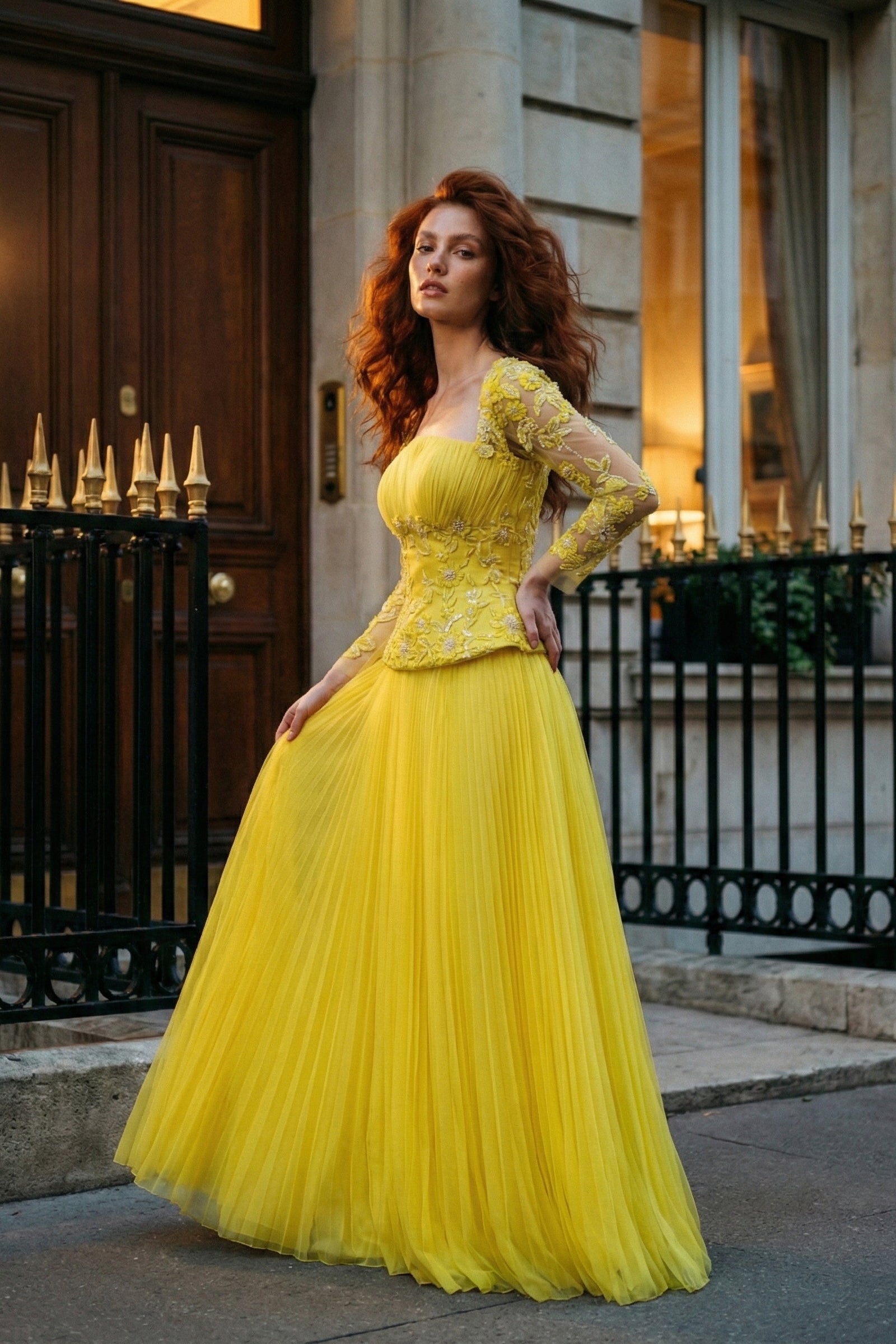 Li Beirut M1191 – Embroidered Long Sleeve Evening Dress in Nude & Yellow