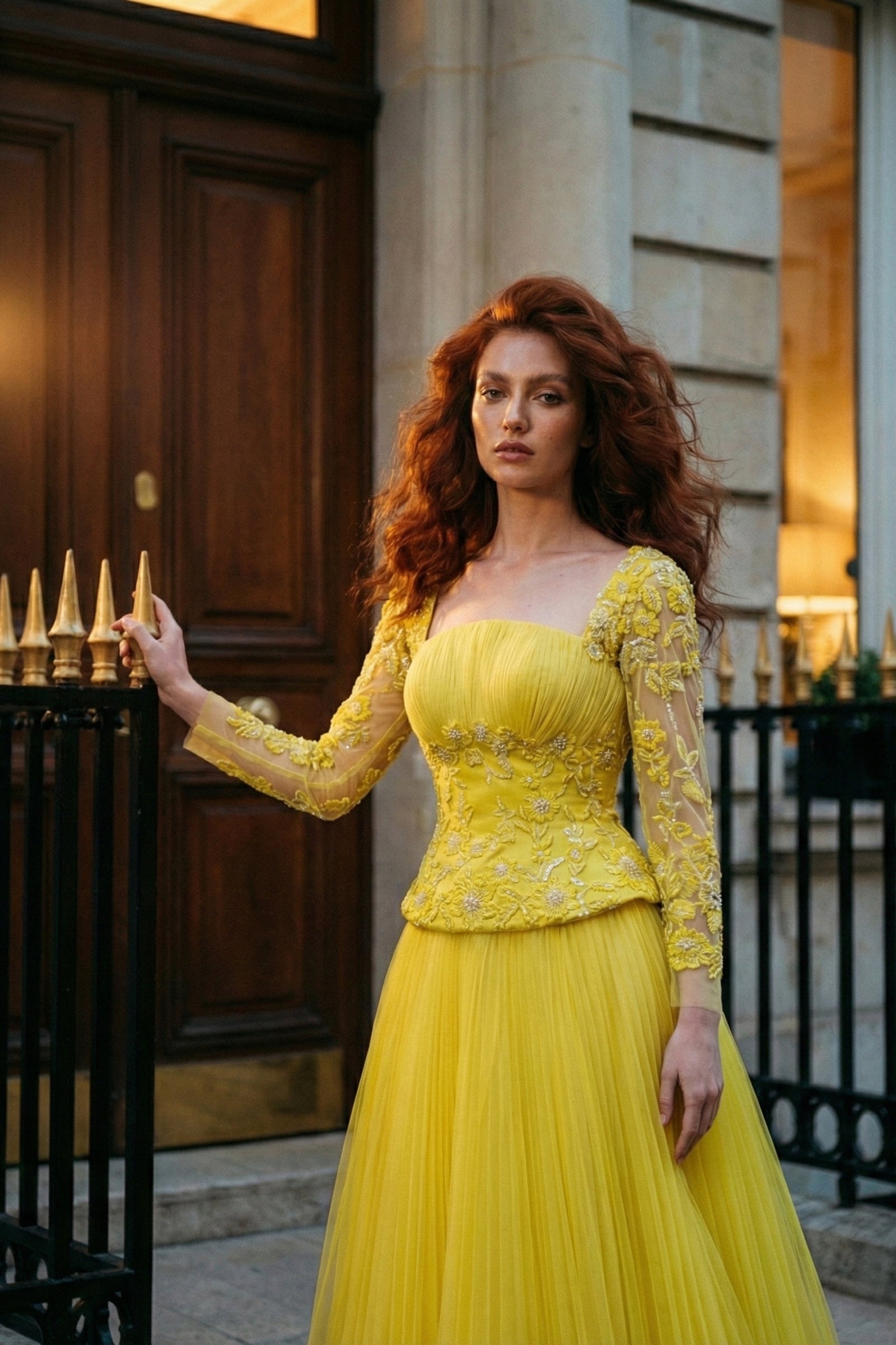 Li Beirut M1191 – Embroidered Long Sleeve Evening Dress in Nude & Yellow