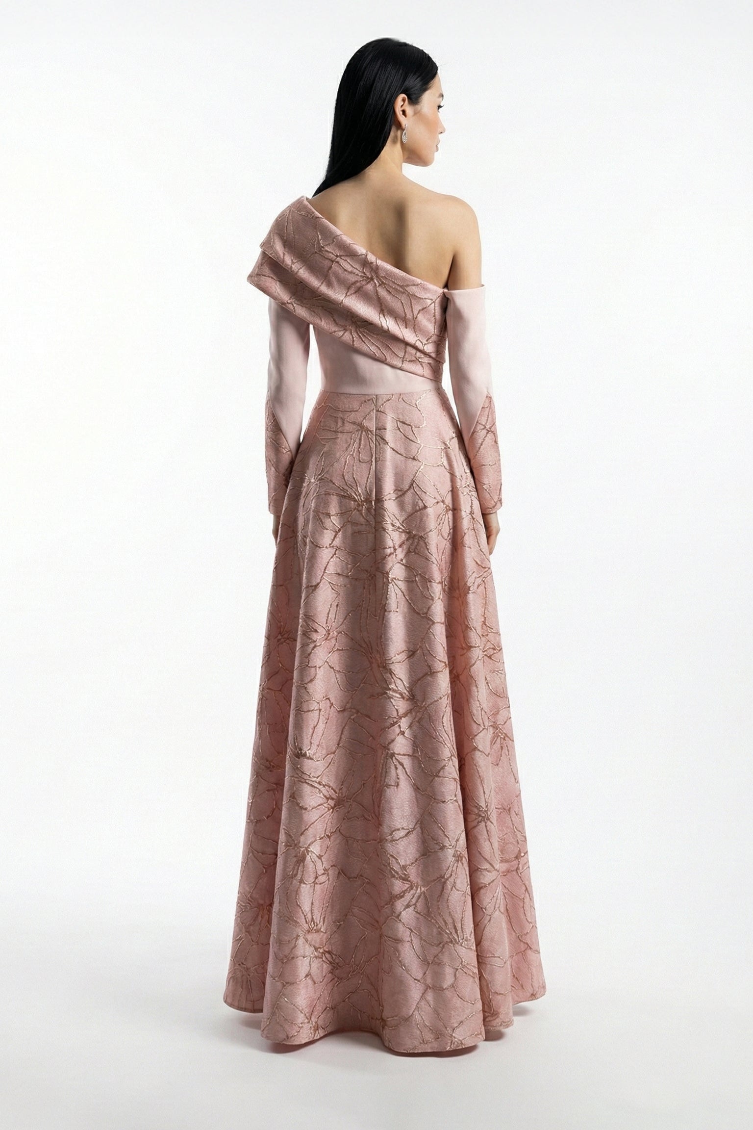Li Beirut M1192 – One-Shoulder Blush Pink Jacquard Column Evening Gown