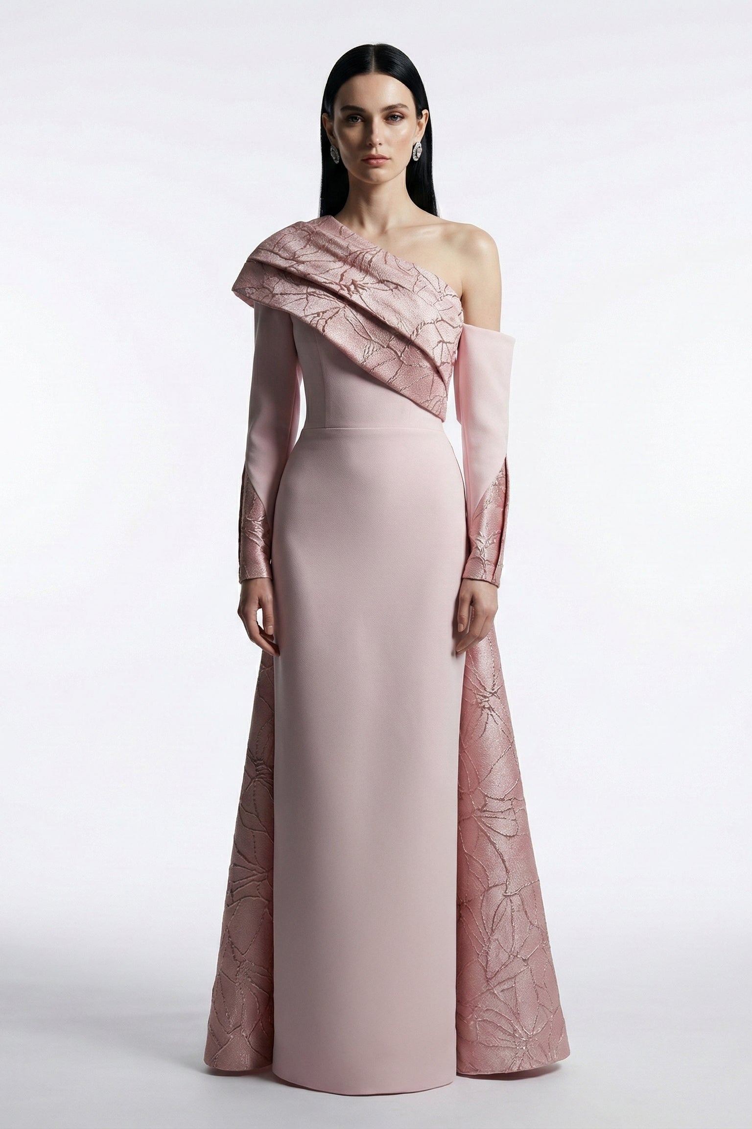 Li Beirut M1192 – One-Shoulder Blush Pink Jacquard Column Evening Gown
