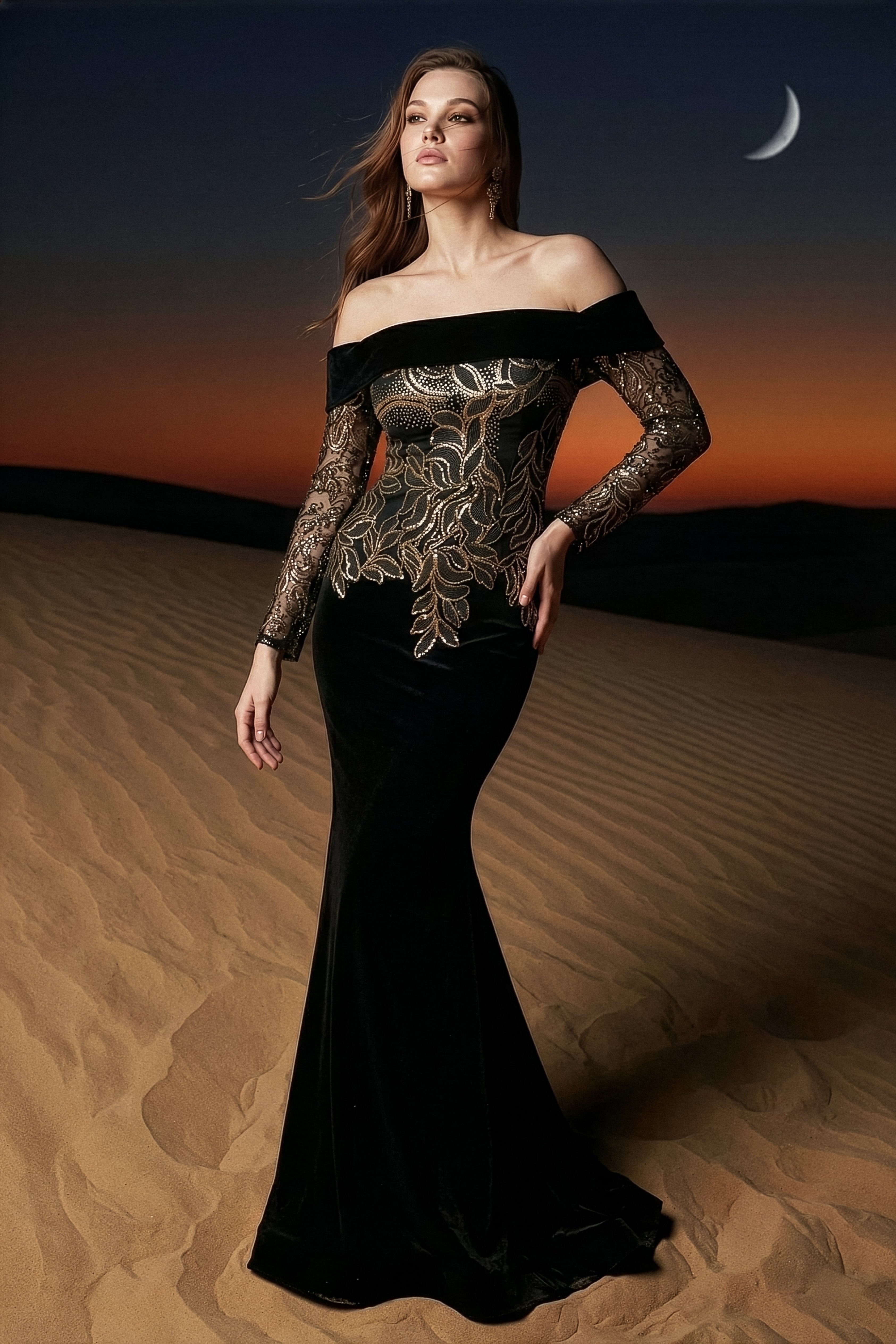 Li Beirut M1193 – Off-Shoulder Black Embellished Mermaid Evening Gown