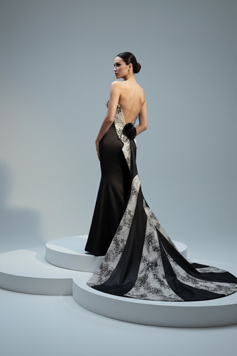 Li Beirut M1195 – Strapless Black Satin Evening Gown with Silver Jacquard Train