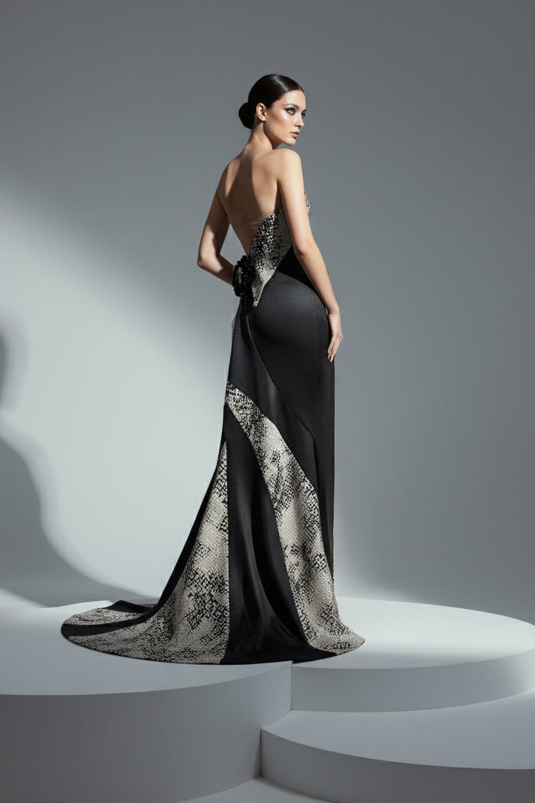 Li Beirut M1195 – Strapless Black Satin Evening Gown with Silver Jacquard Train