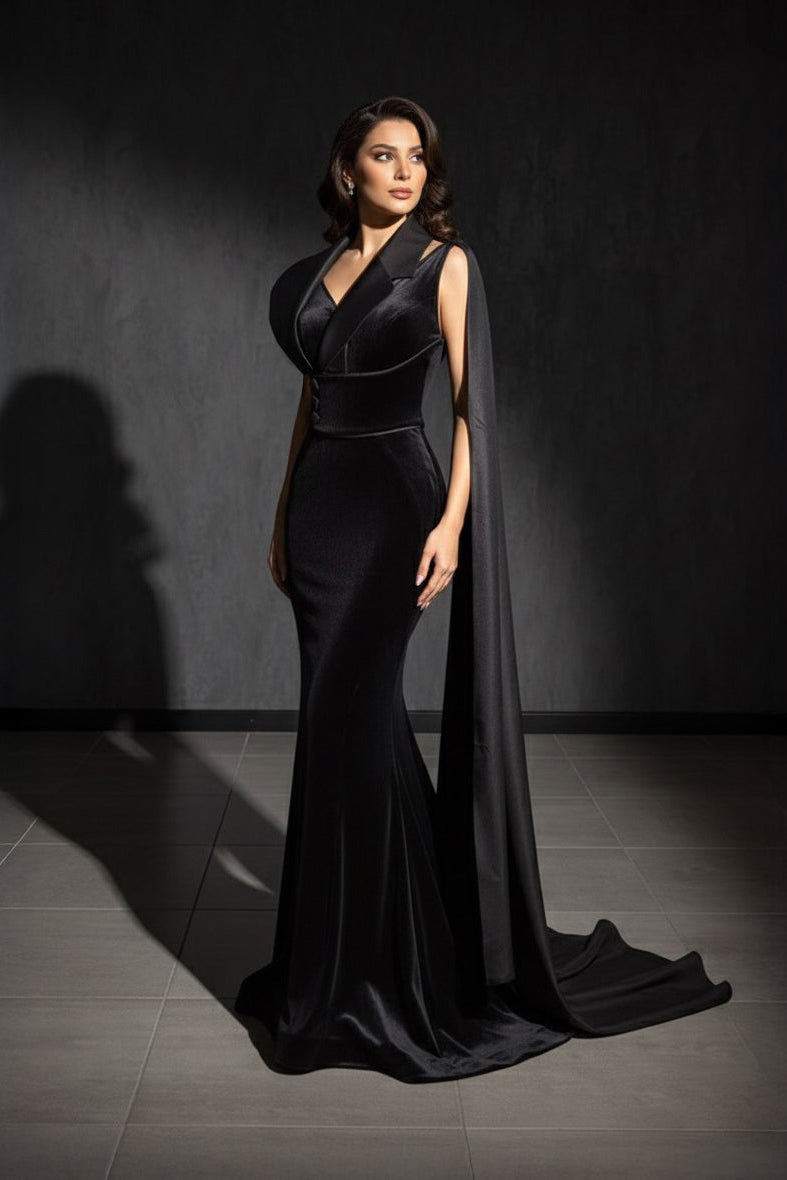 Li Beirut M1196 – Black Velvet Cape Mermaid Evening Gown