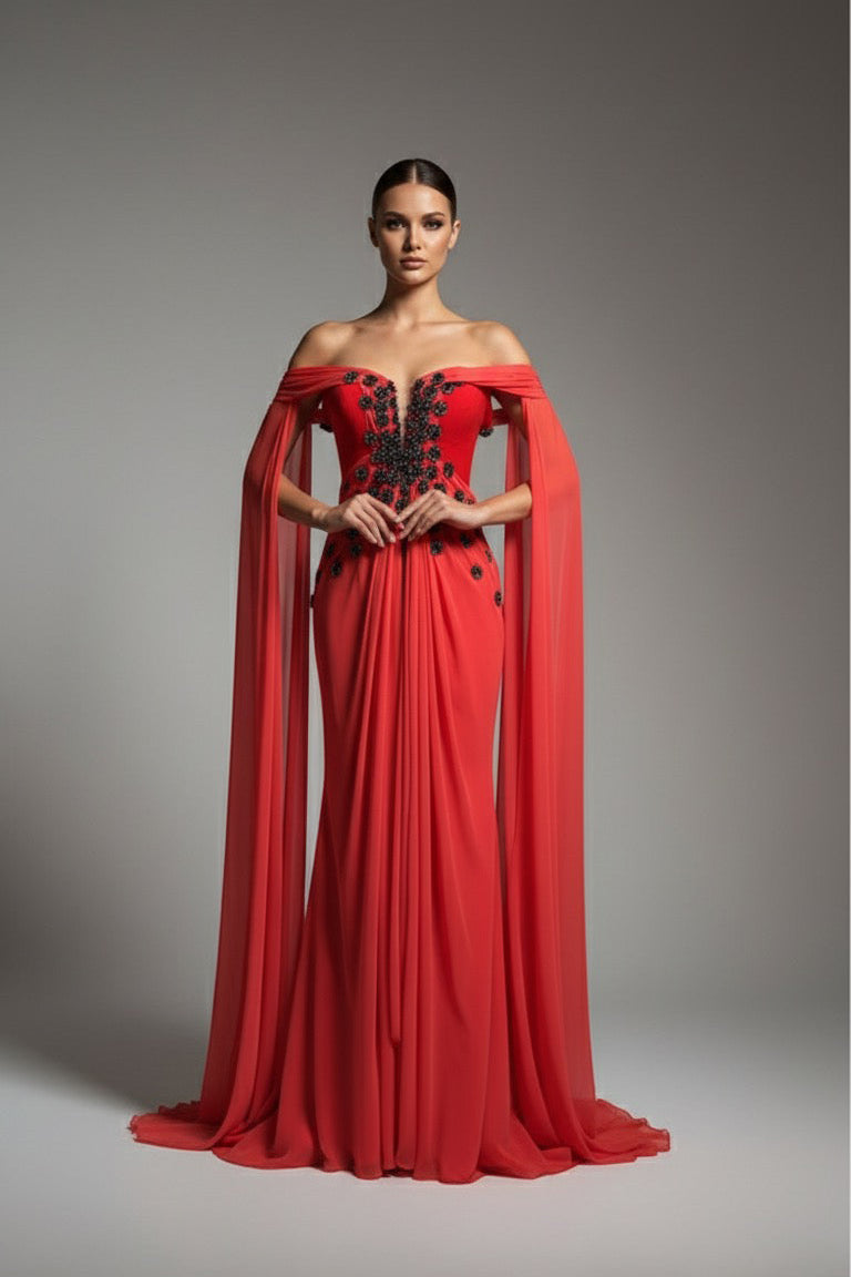 Li Beirut M1197 – Off-Shoulder Red Chiffon Cape Evening Gown with Black Embellishments