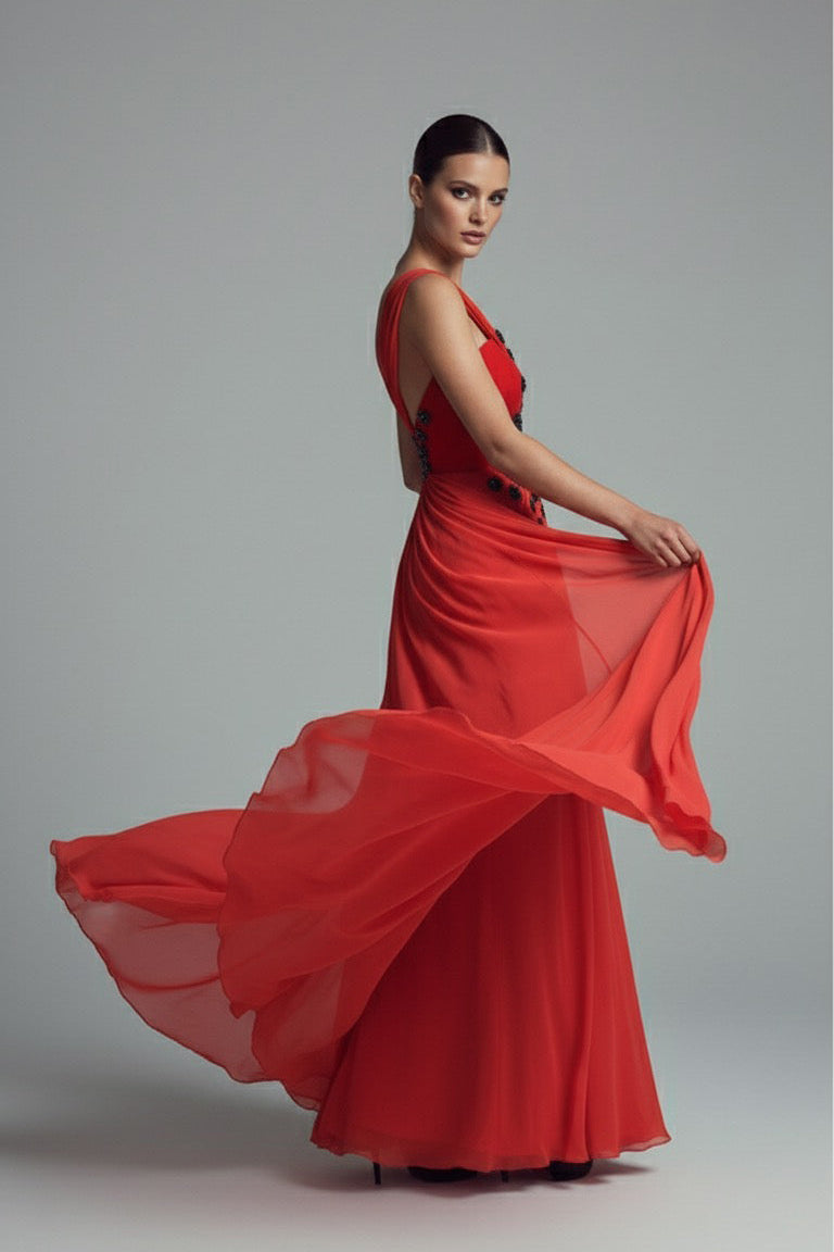 Li Beirut M1197A – Red Embellished Chiffon Evening Dress with Floral Appliqué