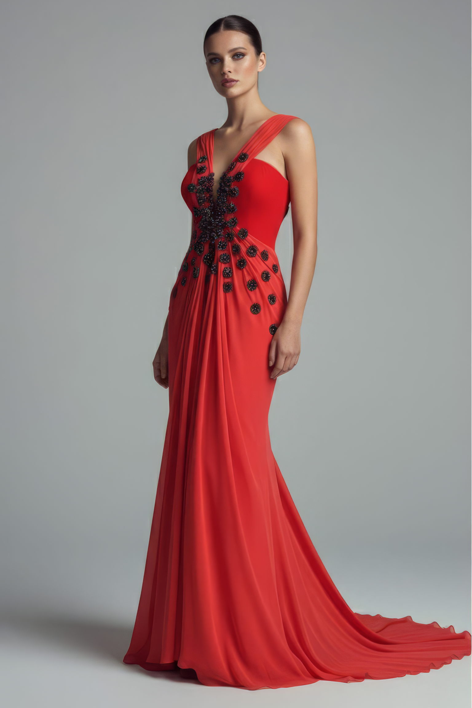 Li Beirut M1197A – Red Embellished Chiffon Evening Dress with Floral Appliqué