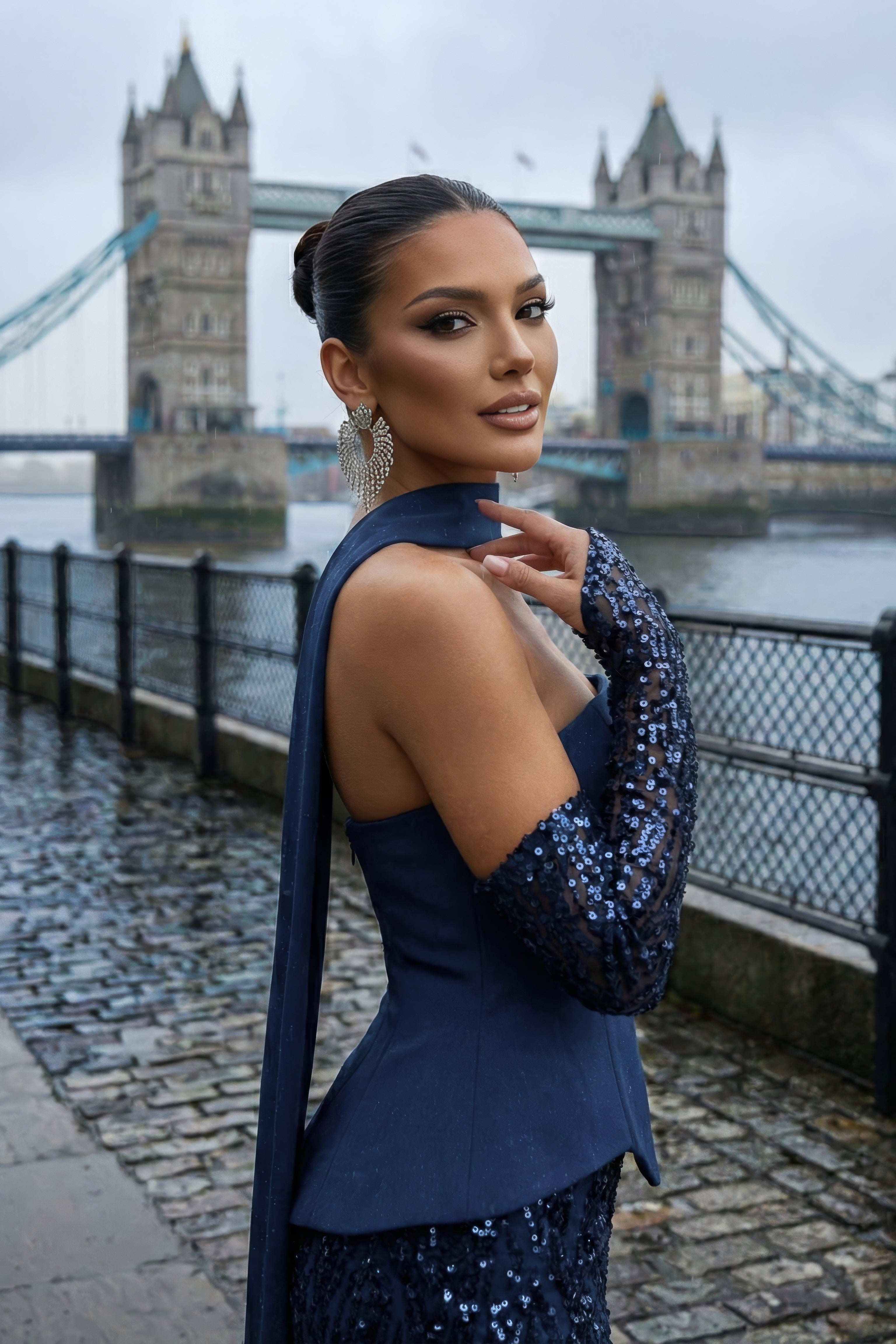 Li Beirut M1205 – Strapless Navy Sequin Mermaid Evening Gown with Cape Gloves