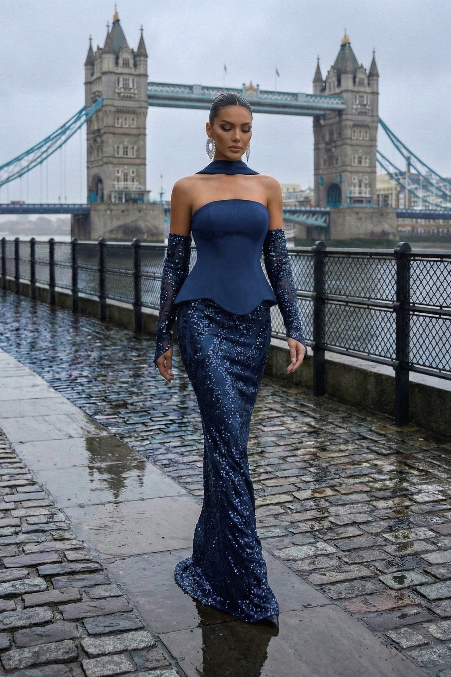 Li Beirut M1205 – Strapless Navy Sequin Mermaid Evening Gown with Cape Gloves
