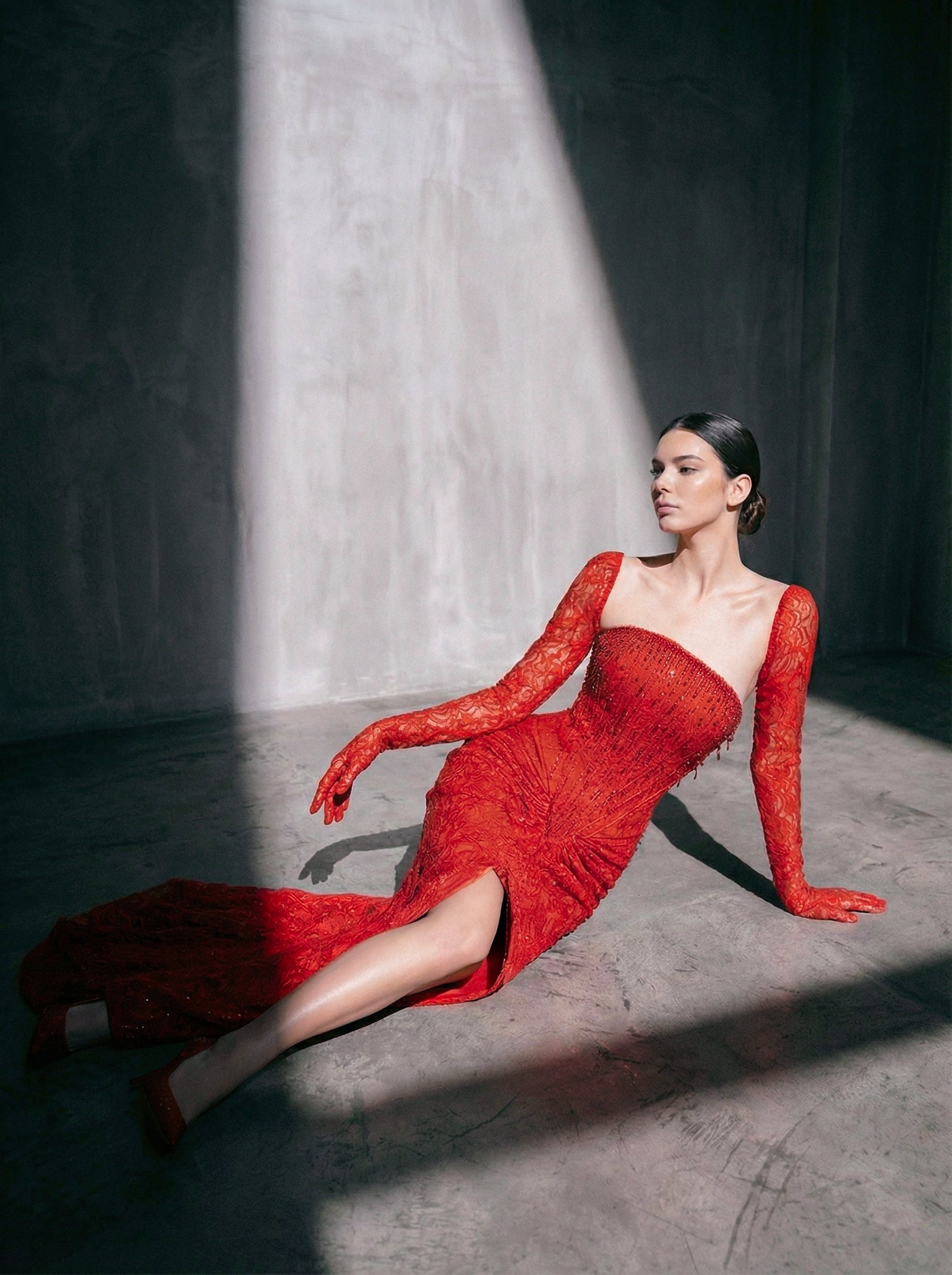 Li Beirut M1206 – One-Shoulder Red Lace Mermaid Evening Gown