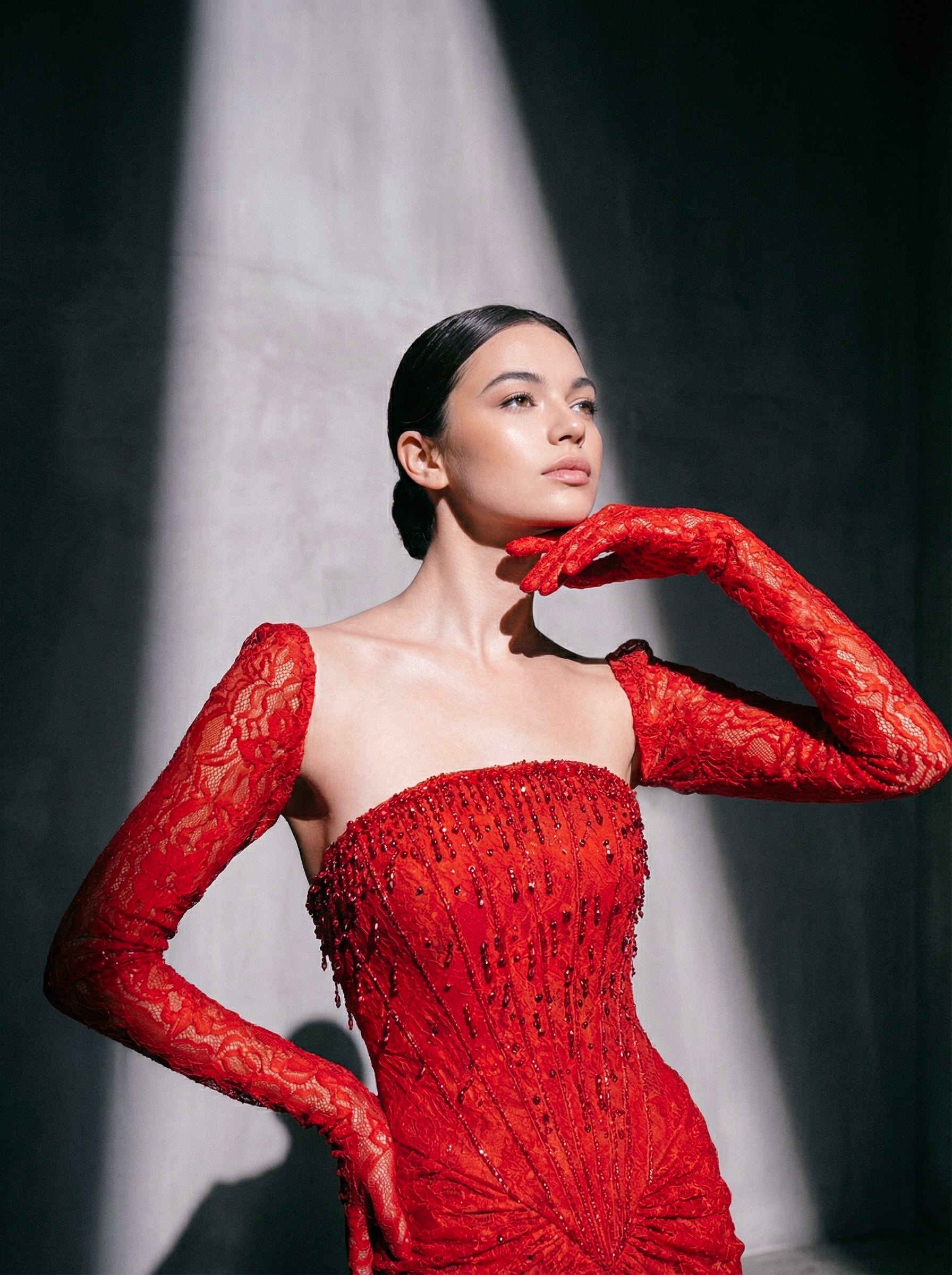 Li Beirut M1206 – One-Shoulder Red Lace Mermaid Evening Gown
