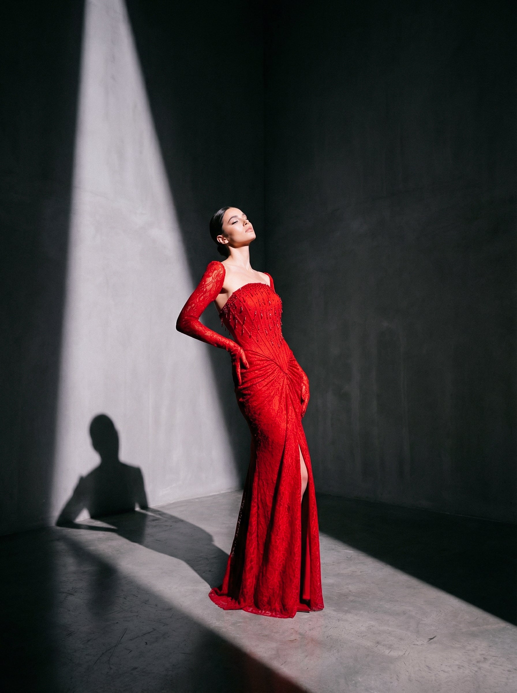 Li Beirut M1206 – One-Shoulder Red Lace Mermaid Evening Gown