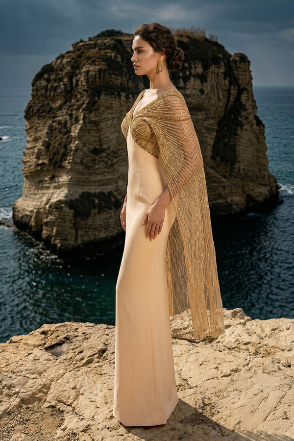 Li Beirut M1207 – Off-Shoulder Gold Beaded Cape Mermaid Evening Gown