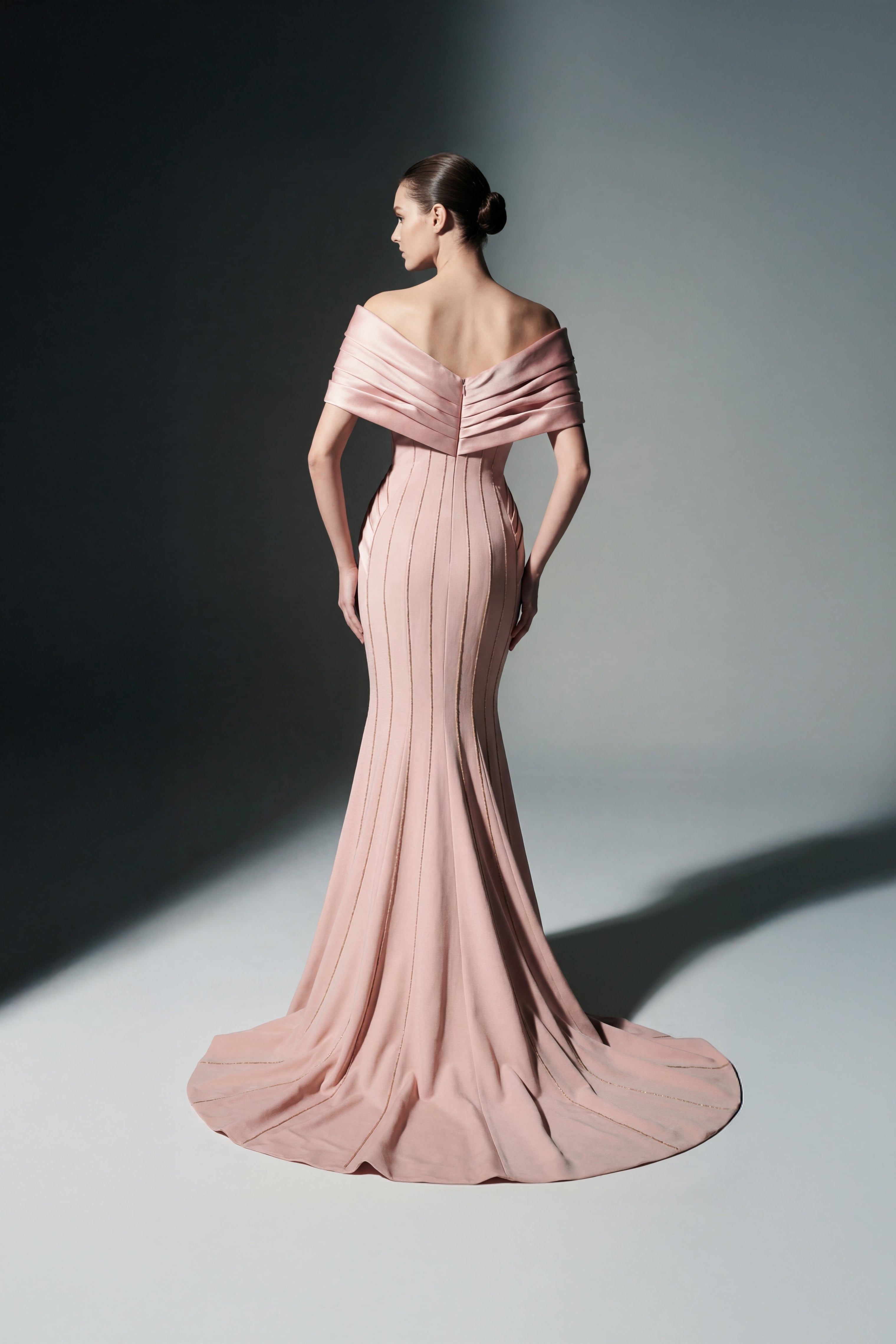 Li Beirut M1208 – Off-Shoulder Draped Blush Mermaid Evening Gown