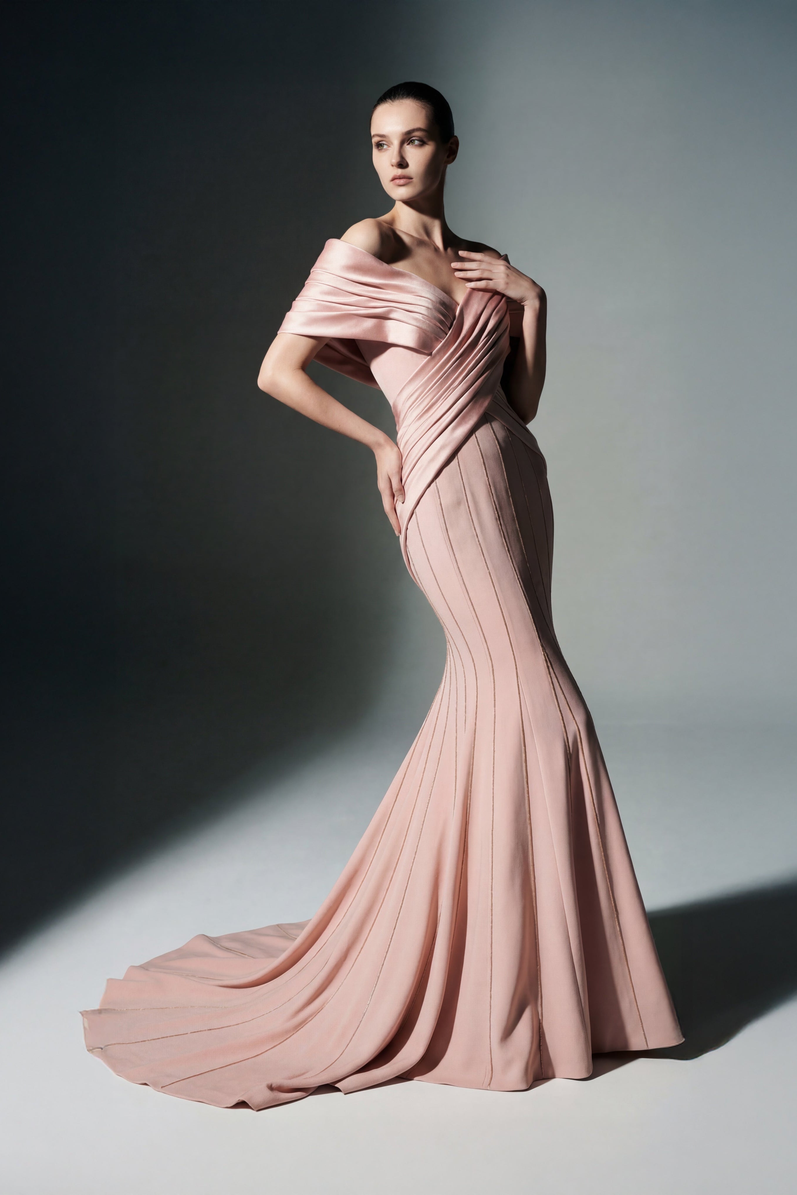 Li Beirut M1208 – Off-Shoulder Draped Blush Mermaid Evening Gown