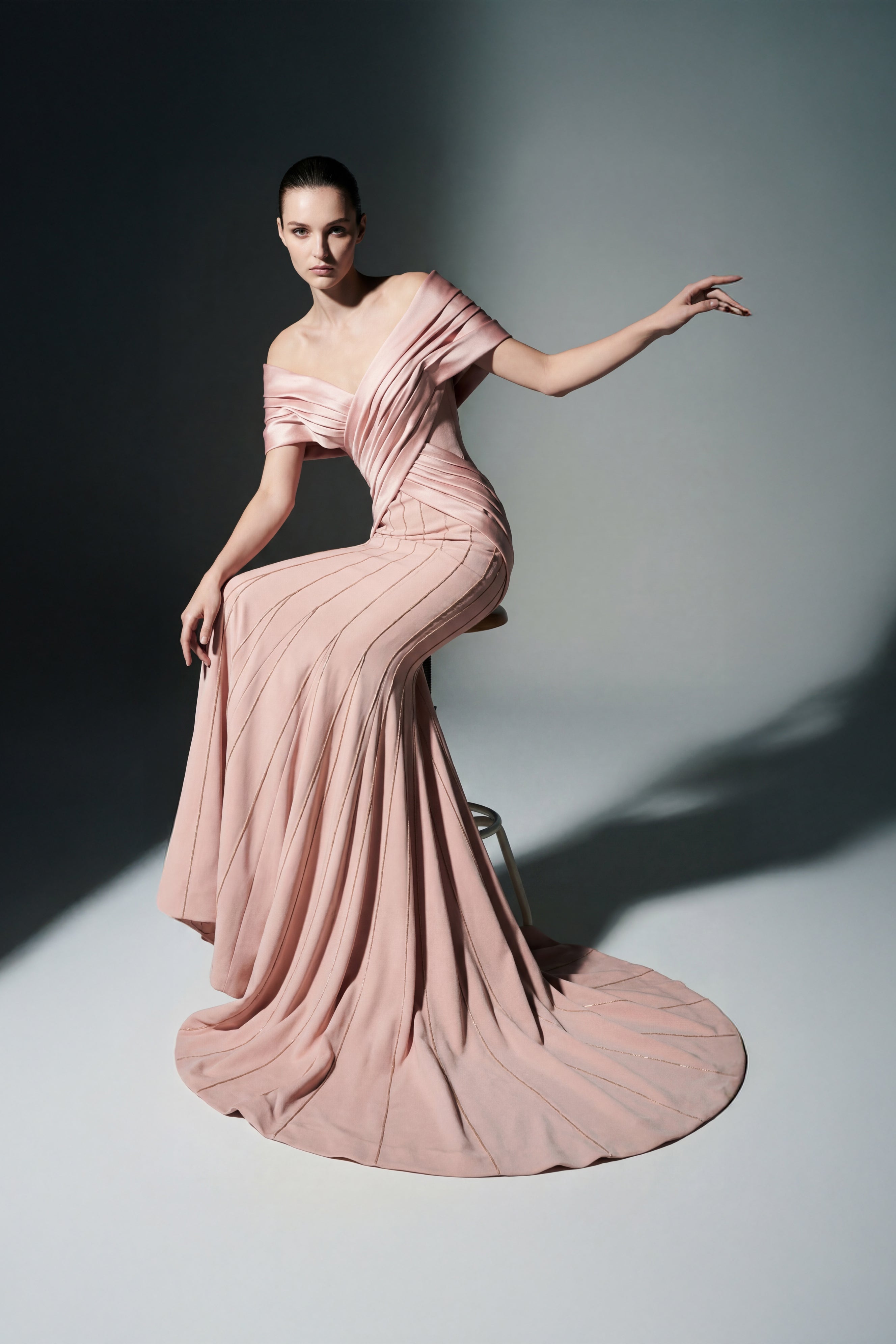 Li Beirut M1208 – Off-Shoulder Draped Blush Mermaid Evening Gown