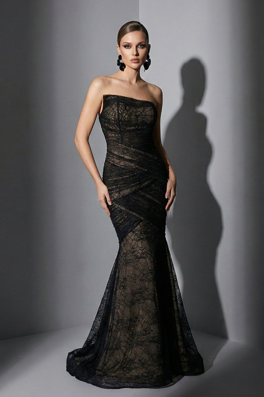 Li Beirut M1209 – Strapless Black Lace Mermaid Evening Gown with Illusion Detail