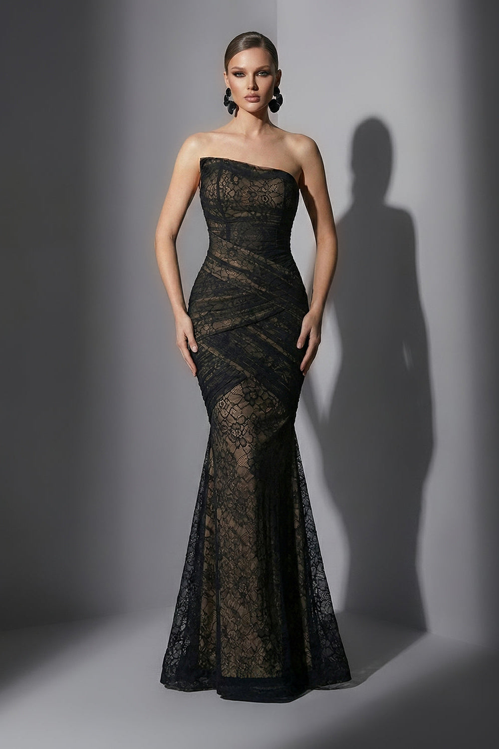 Li Beirut M1209 – Strapless Black Lace Mermaid Evening Gown with Illusion Detail