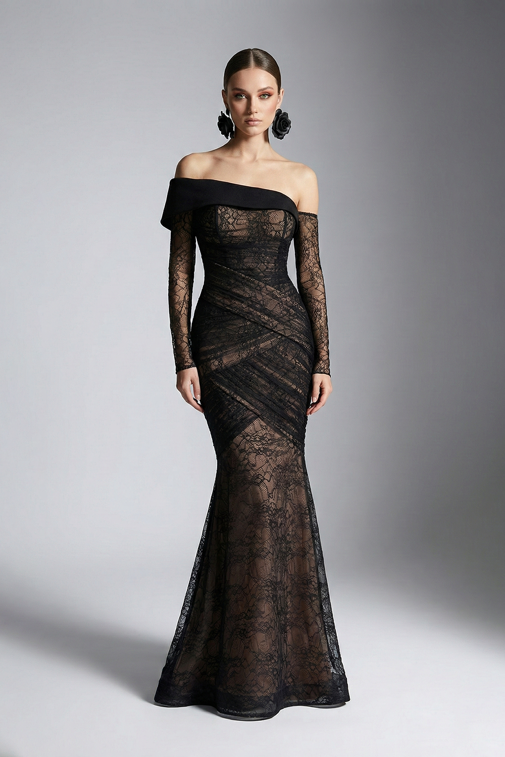 Li Beirut M1209A – Off-Shoulder Lace Mermaid Evening Gown with Sheer Sleeves