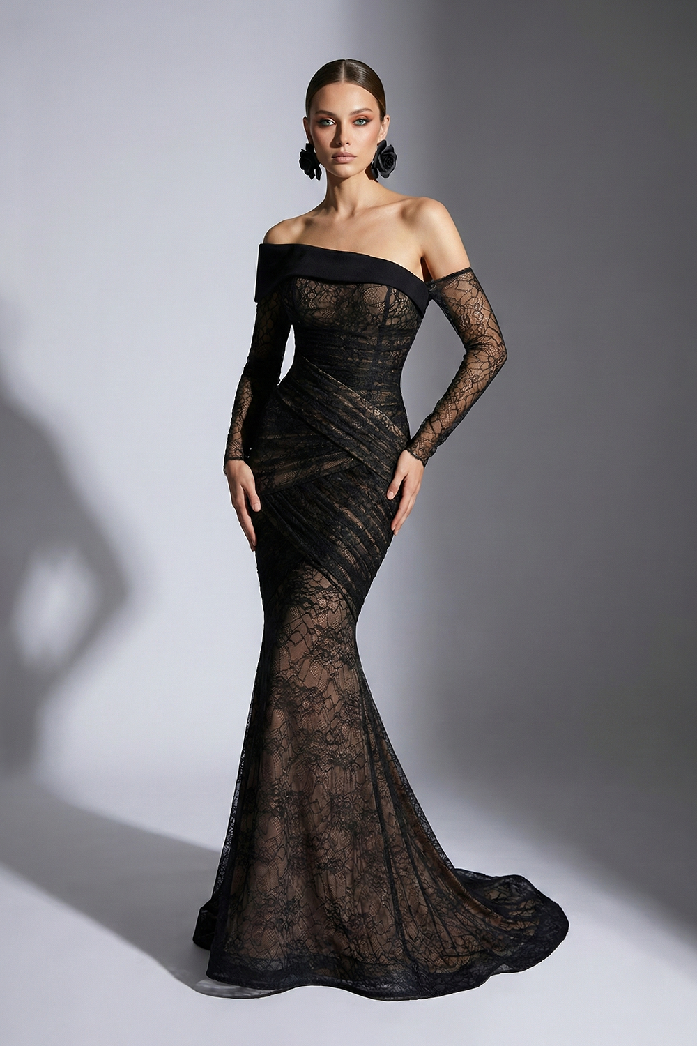 Li Beirut M1209A – Off-Shoulder Lace Mermaid Evening Gown with Sheer Sleeves