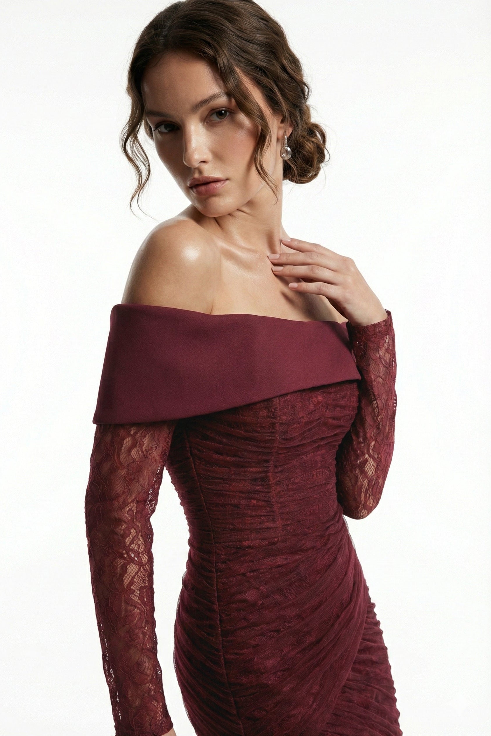 Li Beirut M1209A – Off-Shoulder Lace Mermaid Evening Gown with Sheer Sleeves