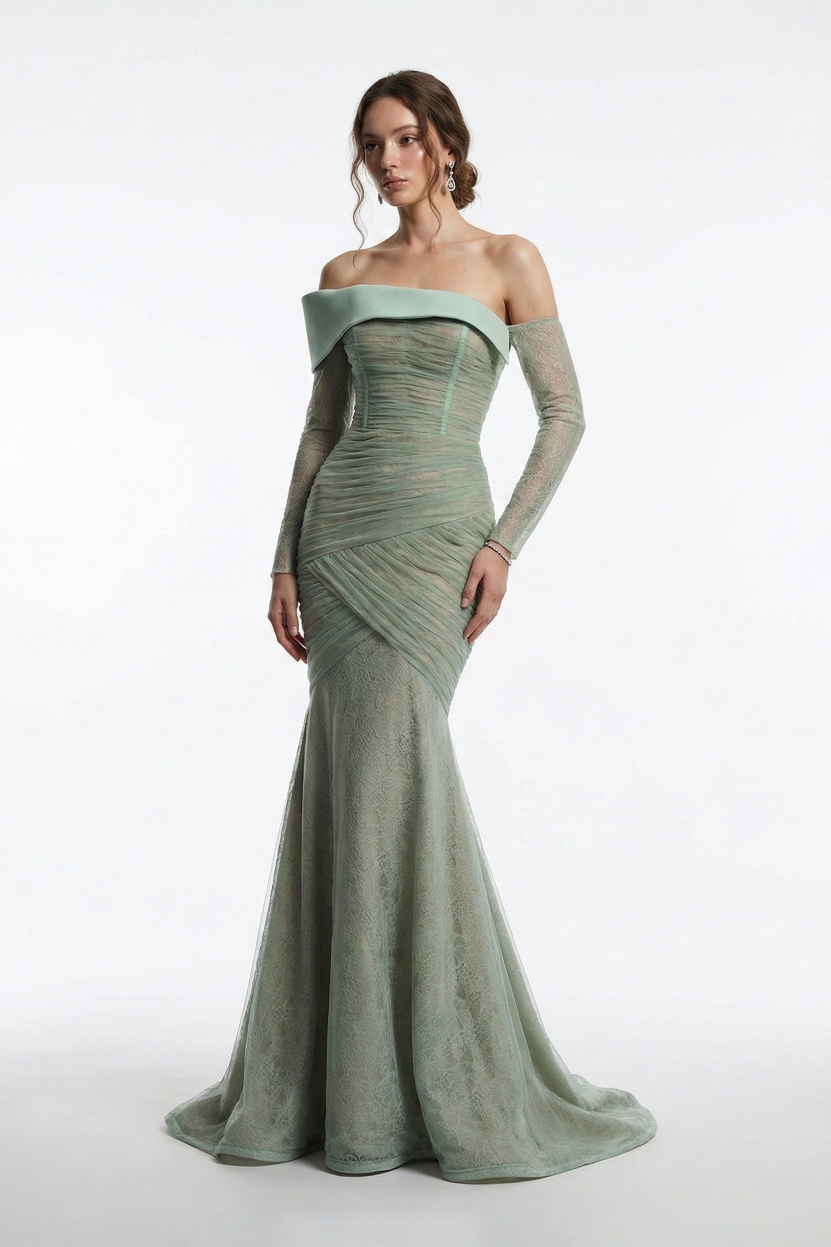 Li Beirut M1209A – Off-Shoulder Lace Mermaid Evening Gown with Sheer Sleeves